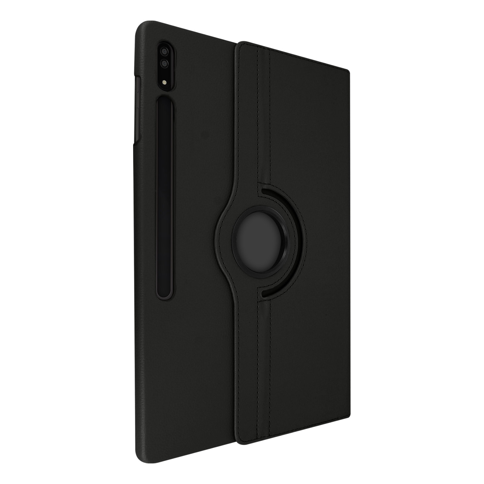 Custodia per tablet nera, aperta. Tablet all'interno. Sfondo sfocato.