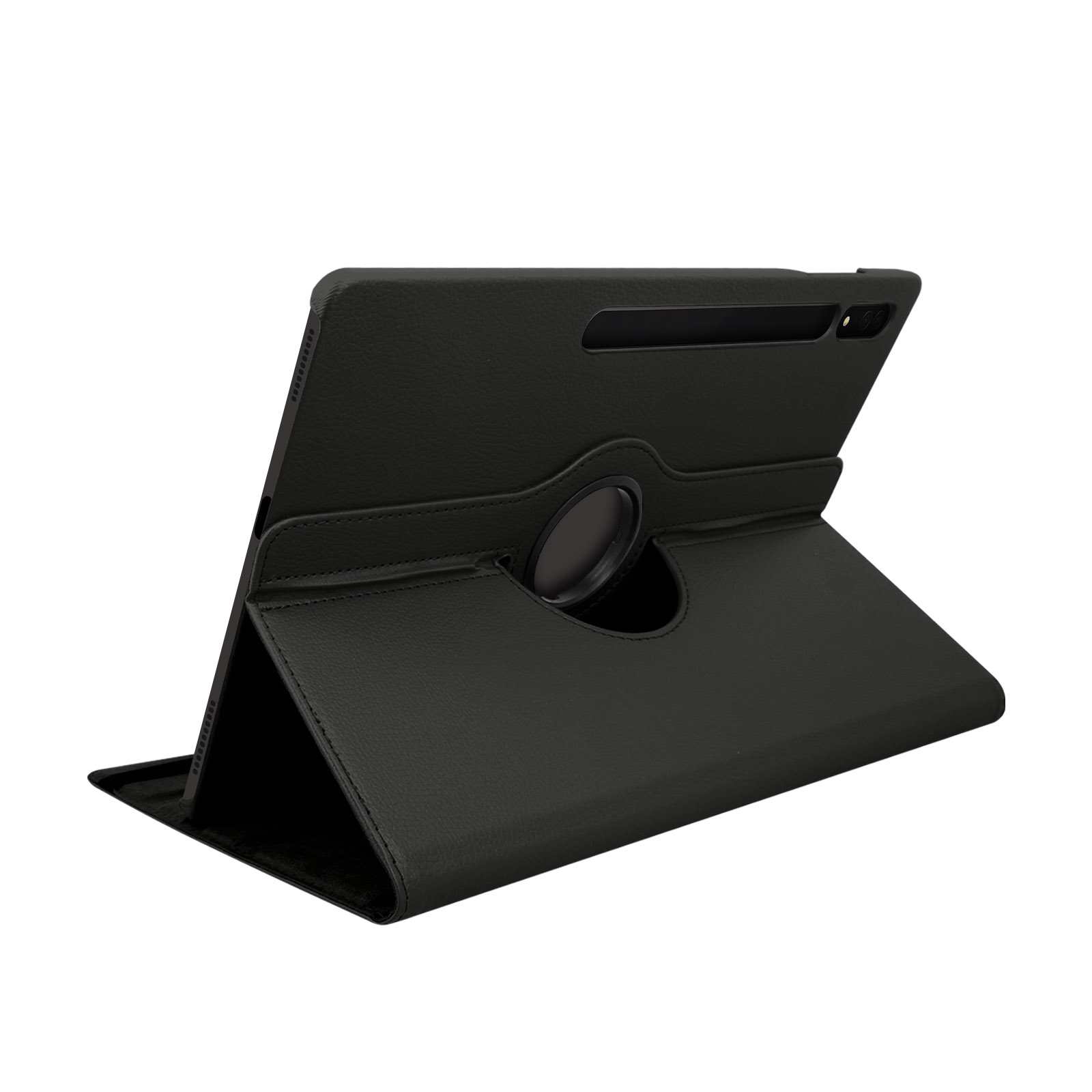Tablet in custodia nera, aperta e angolata. La custodia è nera e lo sfondo è bianco.