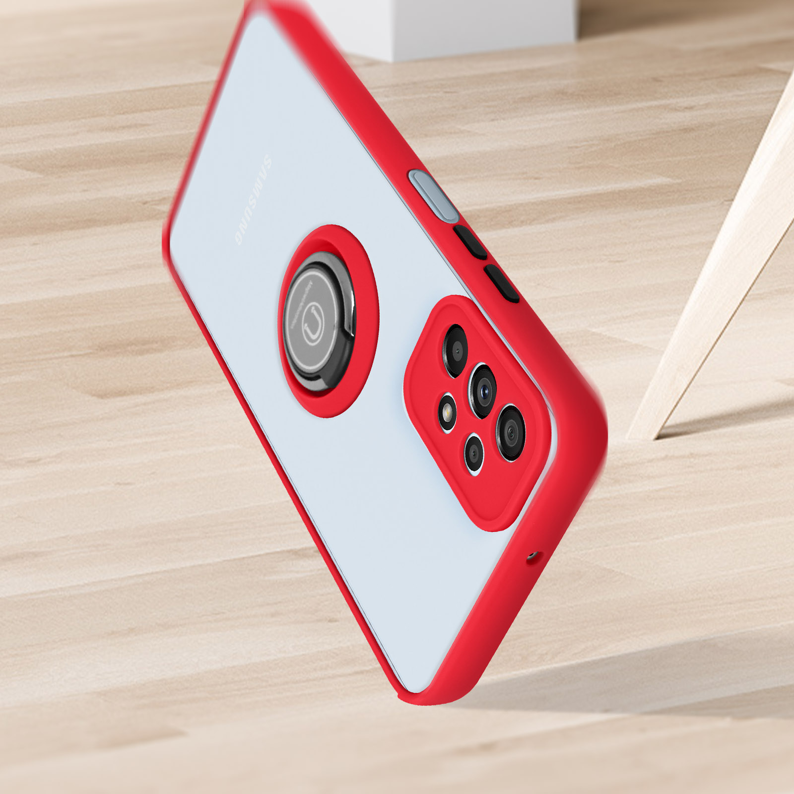 Coque de téléphone rouge avec support anneau. Fond blanc et veiné de bois.