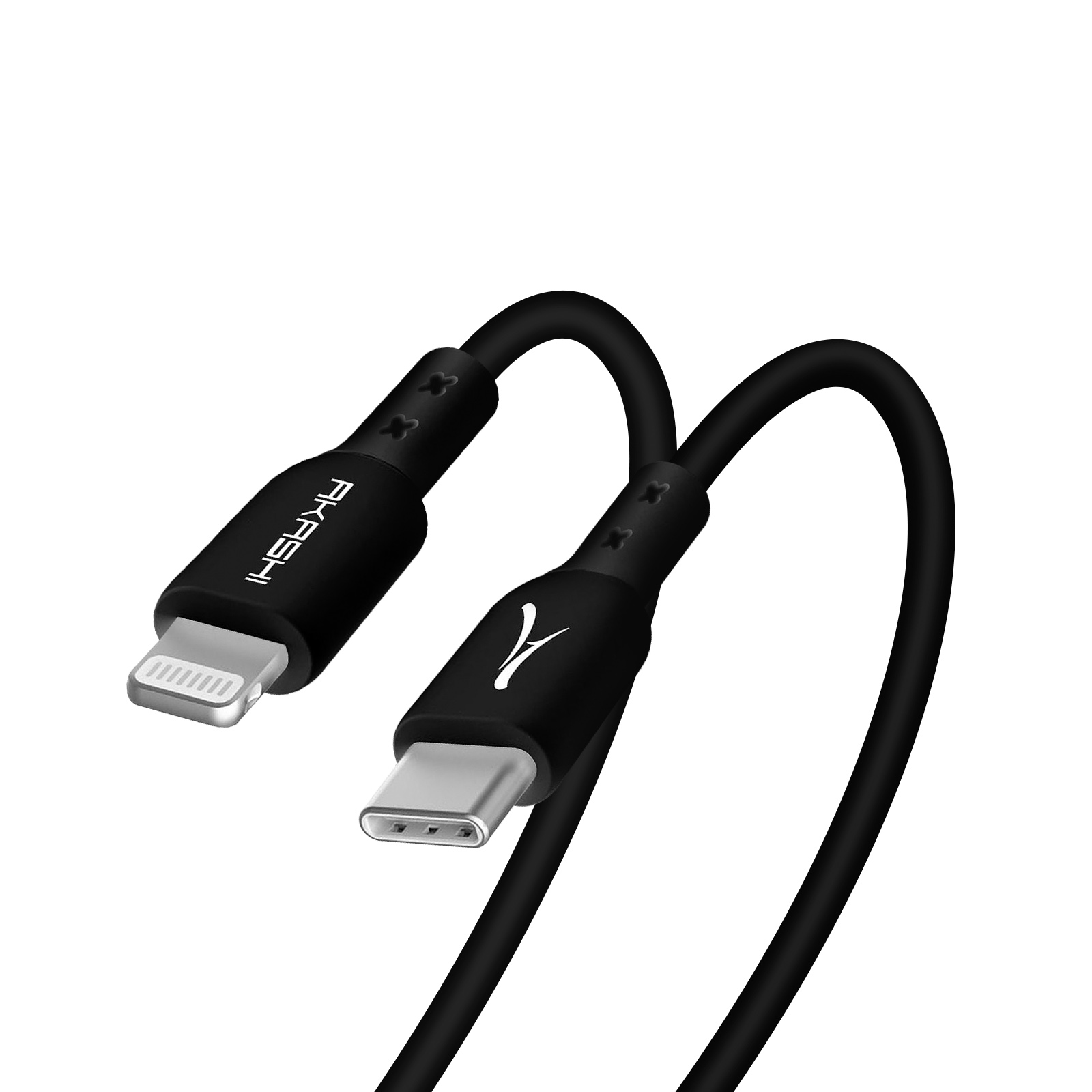 Due cavi di ricarica neri, uno Lightning, uno USB-C, su sfondo bianco. Il marchio è visibile sui connettori.