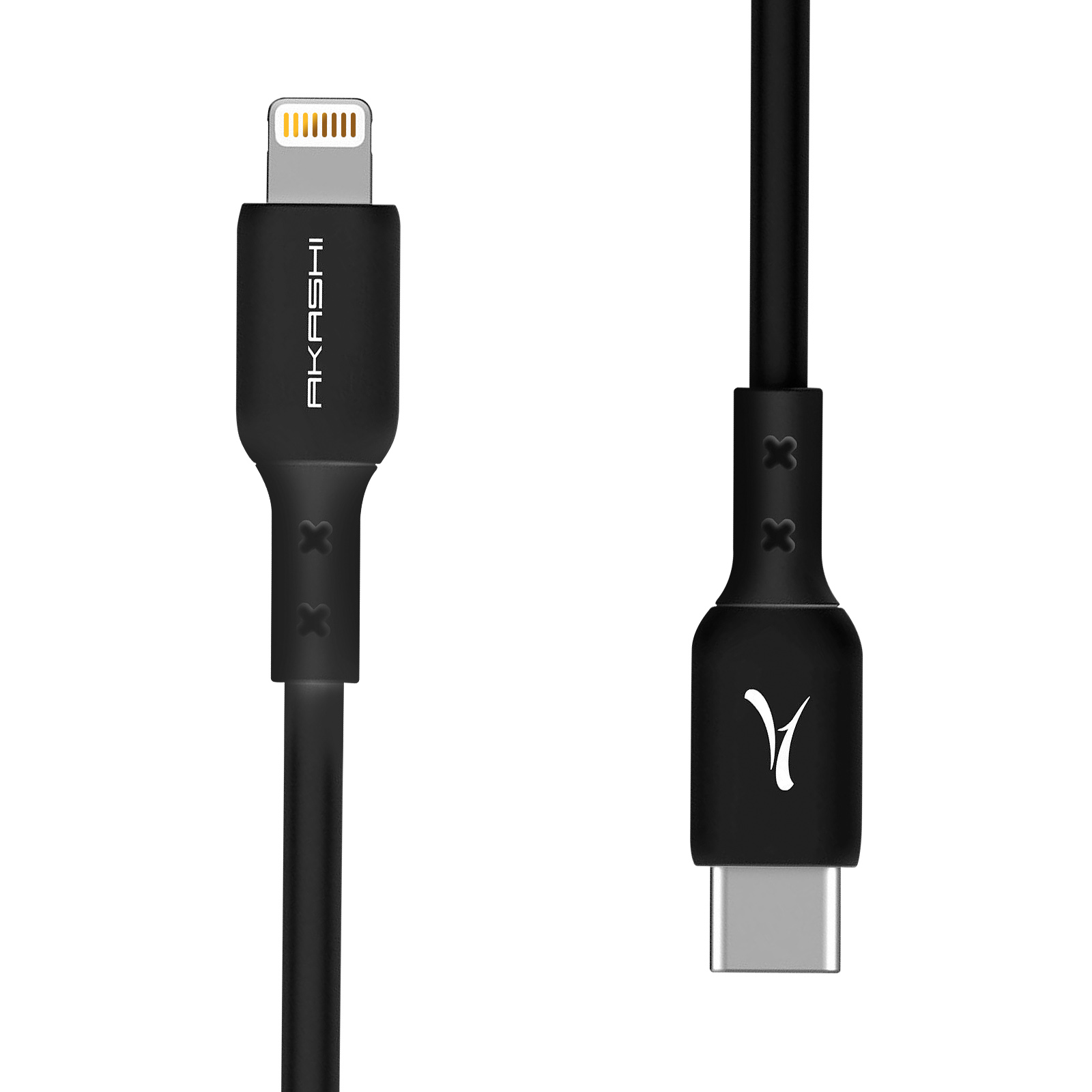 Un cavo di ricarica Akashi nero con connettore Lightning e USB-C su sfondo bianco.