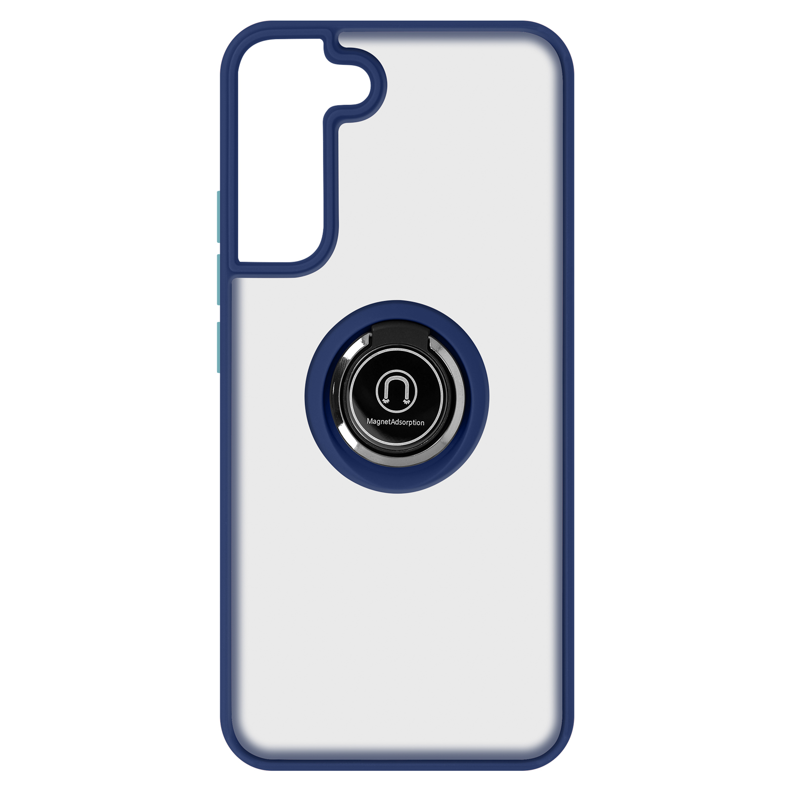 Coque de téléphone transparente avec un bord bleu et un support de bague au centre.