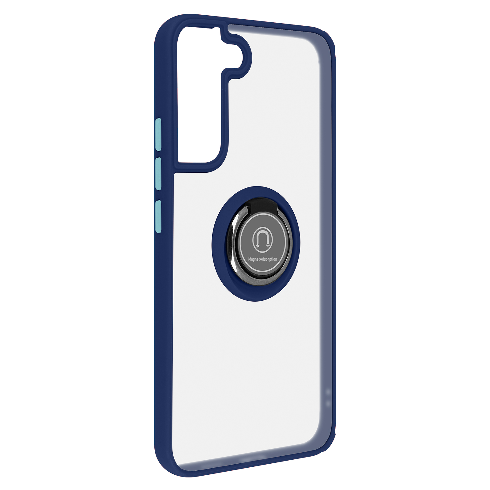Une coque de téléphone transparente avec un cadre bleu et un anneau argenté au centre.
