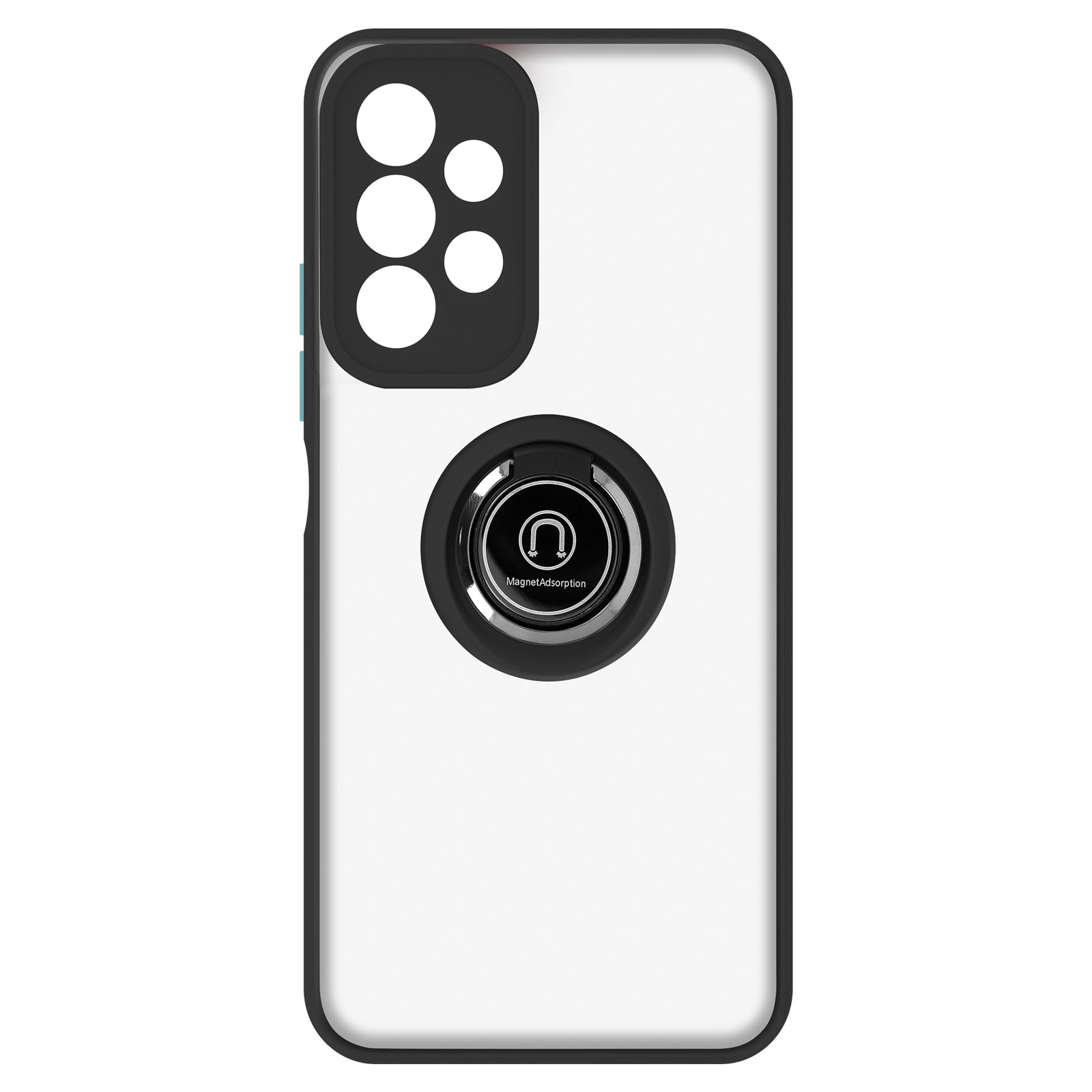 Coque de téléphone blanche avec un support d'anneau noir. Le support a une fonction magnétique.
