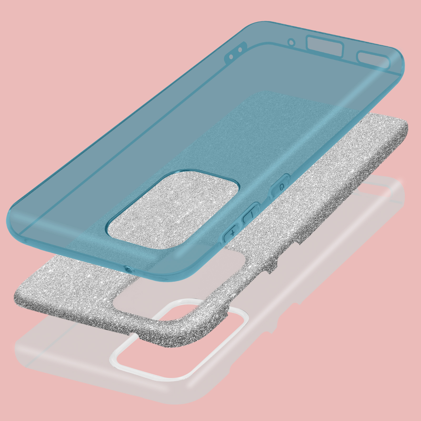 Un étui de téléphone, démonté. Des couches bleues, argentées et transparentes sont montrées.