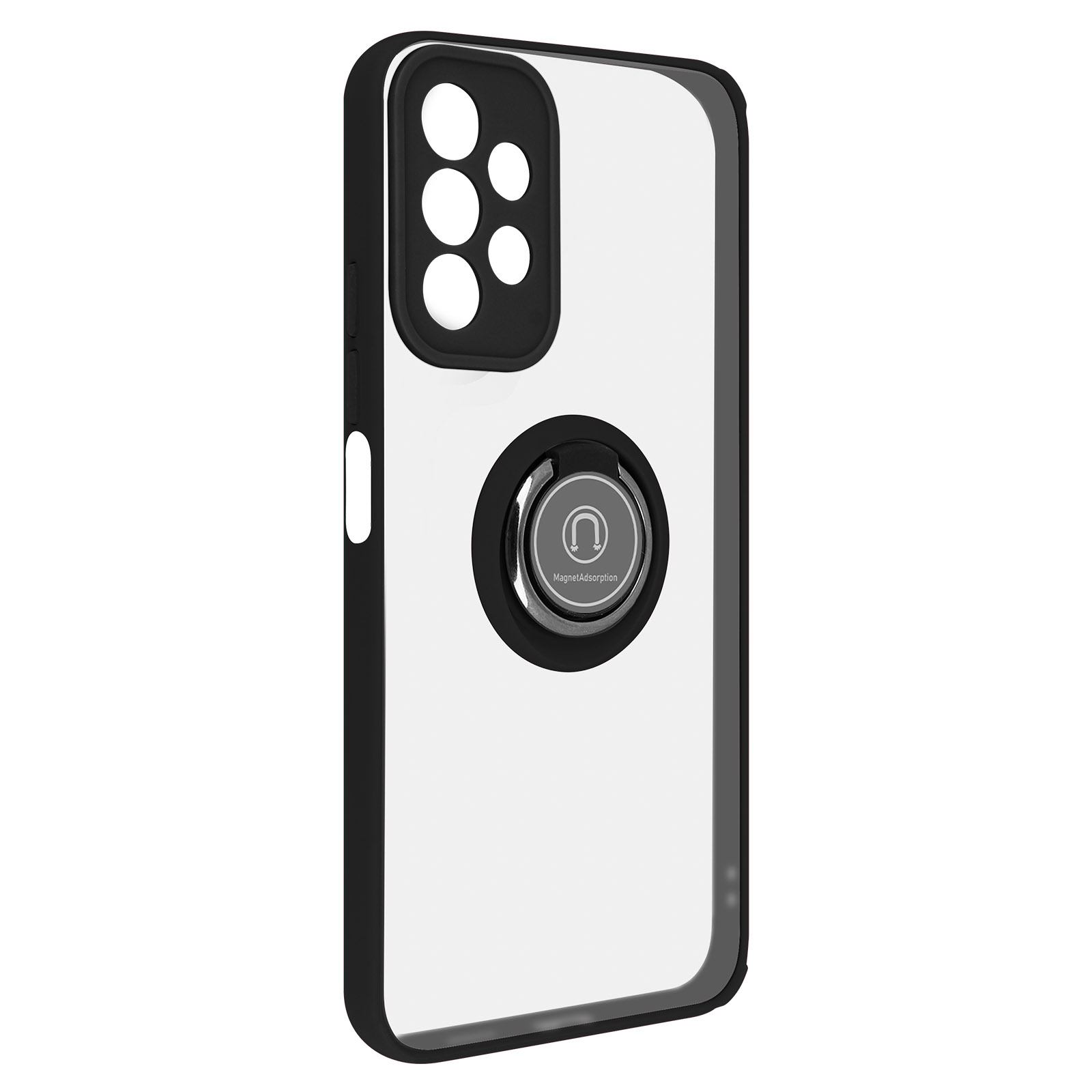 Une coque de téléphone transparente avec un cadre noir et un support de bague argenté. L'arrière a un cercle noir.