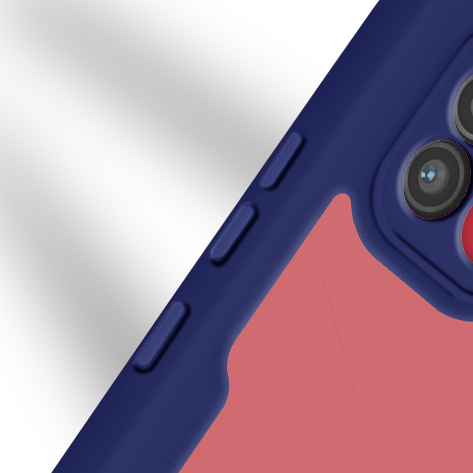 Blauwe telefoonhoes met roze achterkant. Witte achtergrond.