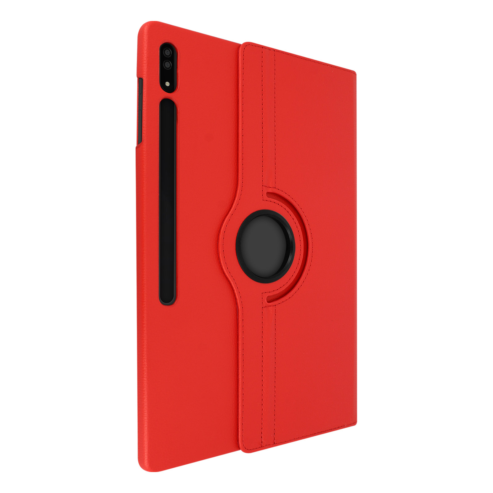 Una custodia per tablet rossa con un supporto circolare nero. La custodia è aperta, mostrando l'interno.