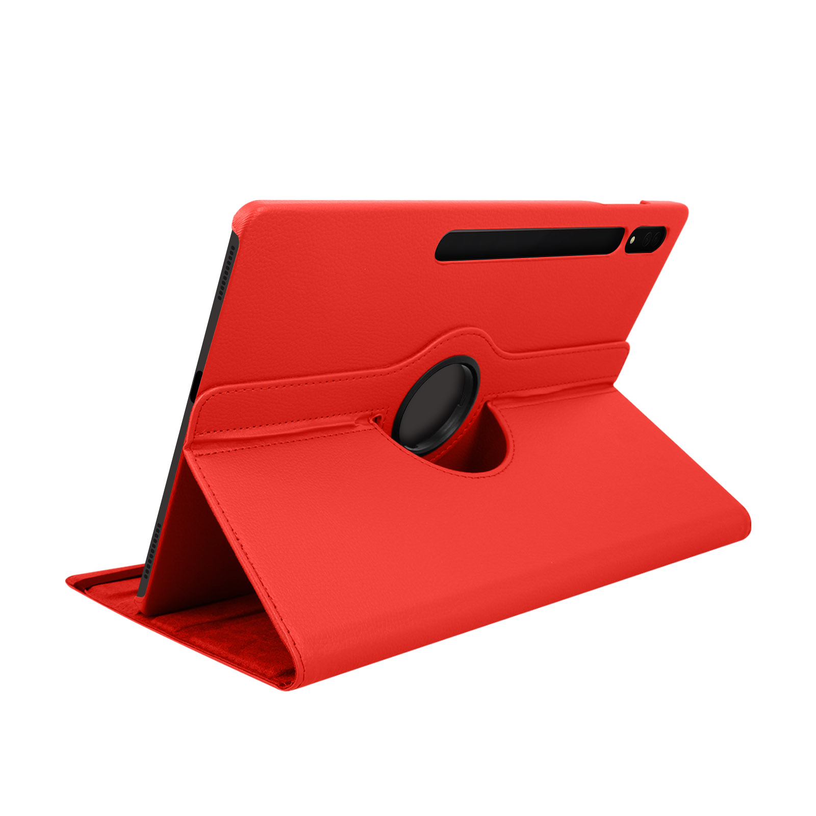 Custodia rossa per tablet, aperta e angolata. Sfondo bianco.