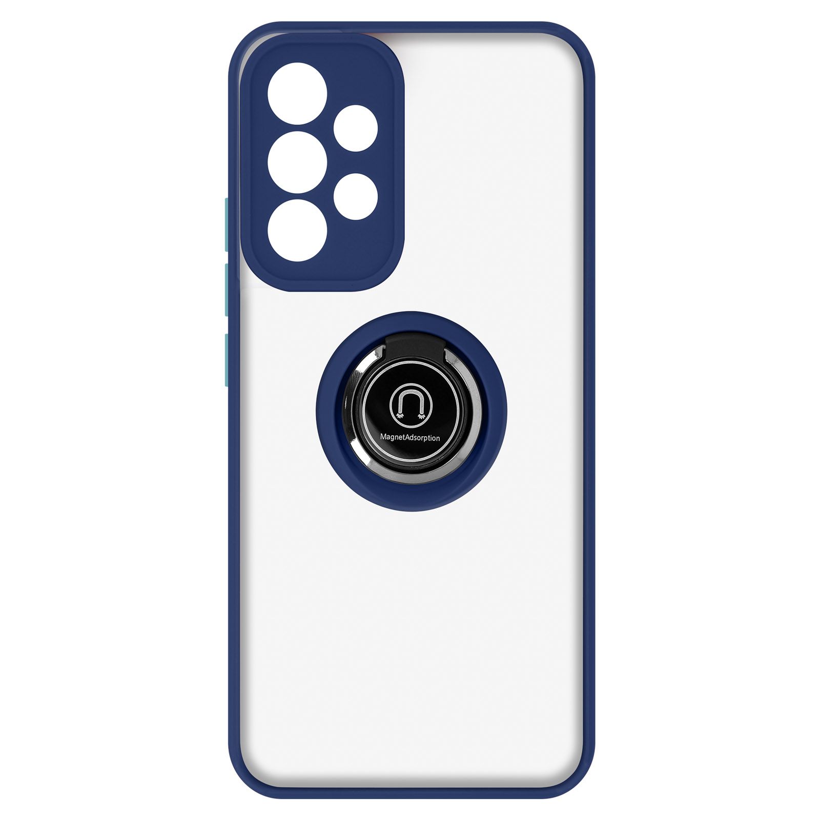 Un étui de téléphone blanc avec un cadre bleu marine et un support de bague. Le fond est blanc.
