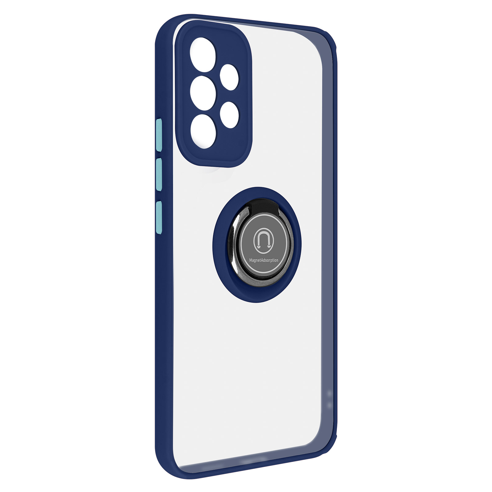 Blauwe en transparante telefoonhoes met een ringhouder. Witte achtergrond. De telefoon heeft een camerabult.