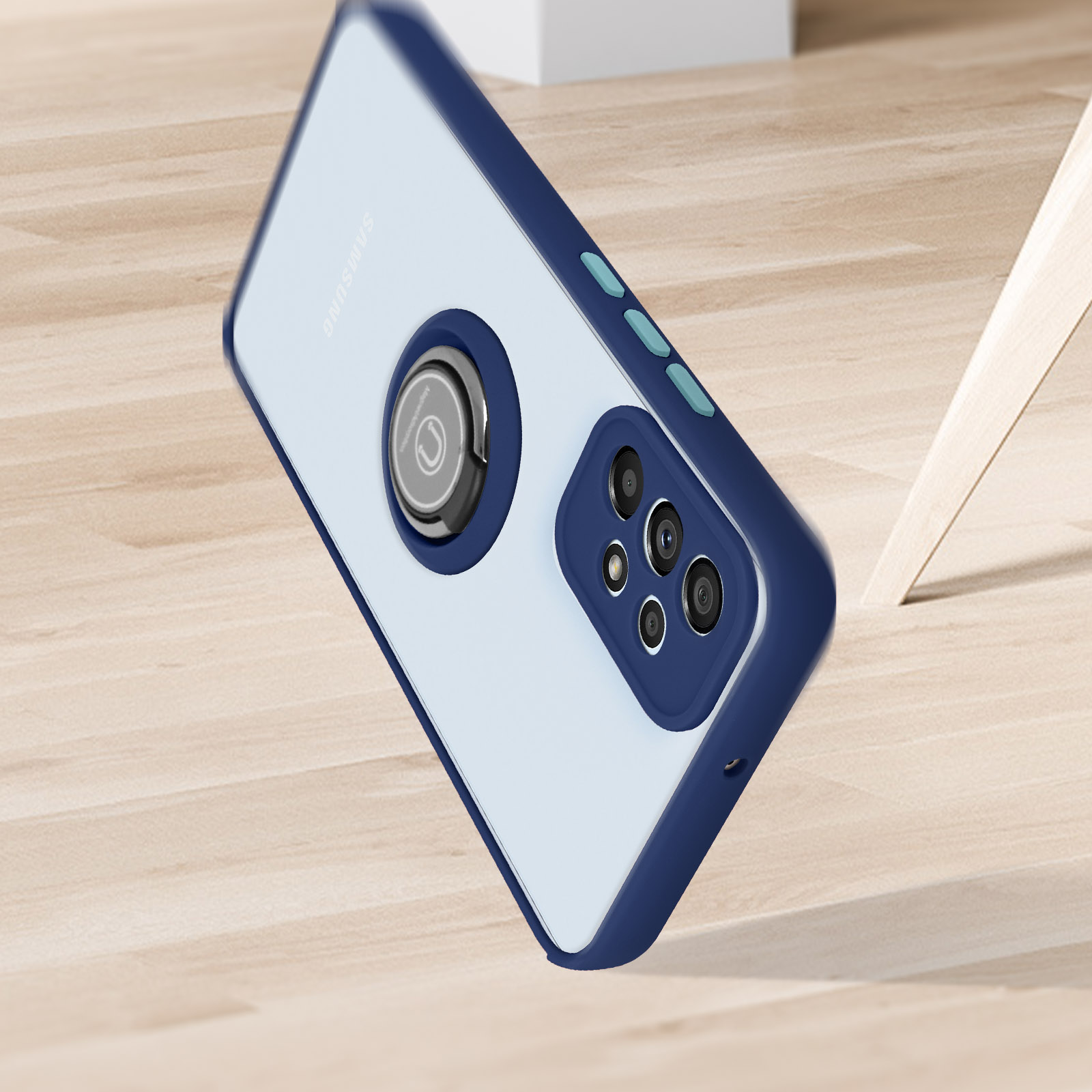 Coque de téléphone avec anneau, sur une surface en bois. Couleurs bleu et blanc.