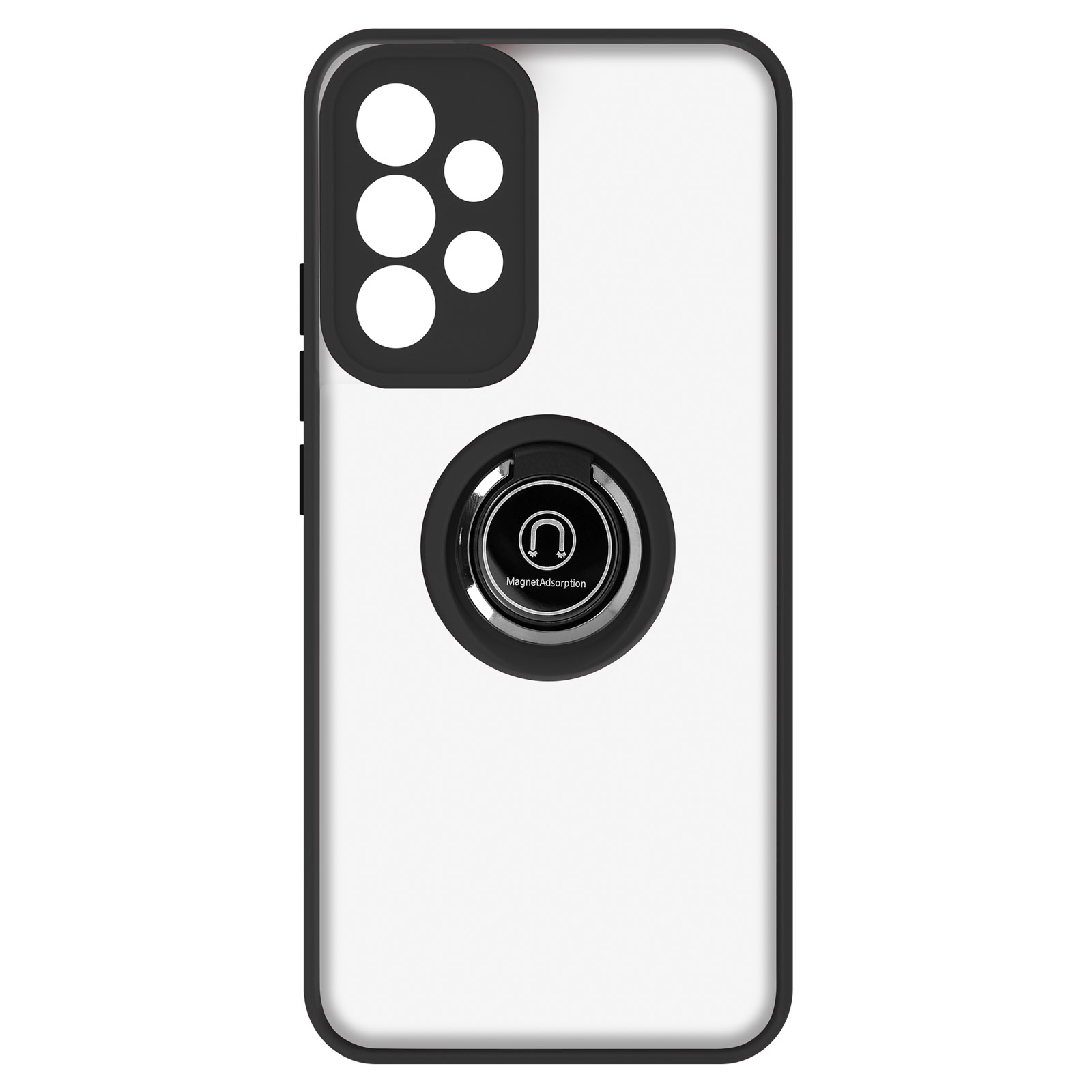 Coque de téléphone blanche avec support d'anneau noir, avec logo 'MagnetAdsorption'.