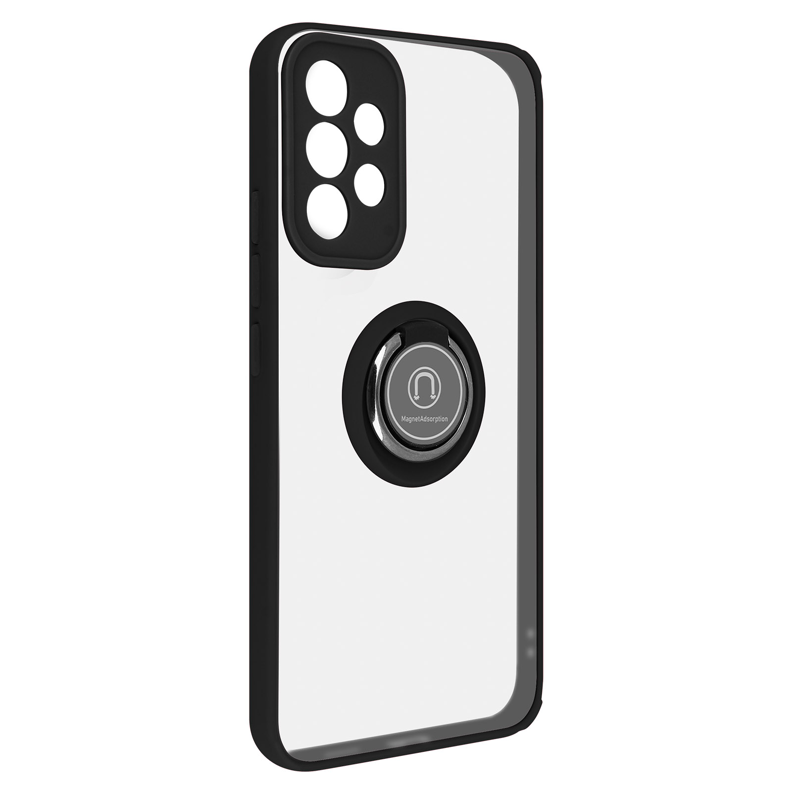 Coque transparente avec cadre noir et anneau. Dispose d'une zone caméra noire.