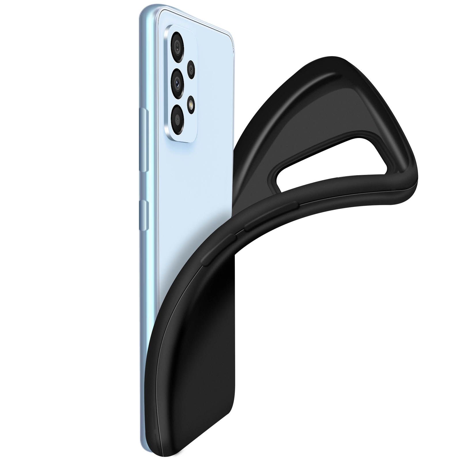 Een telefoonhoesje wordt gebogen en toont de telefoon. De telefoon is lichtblauw.
