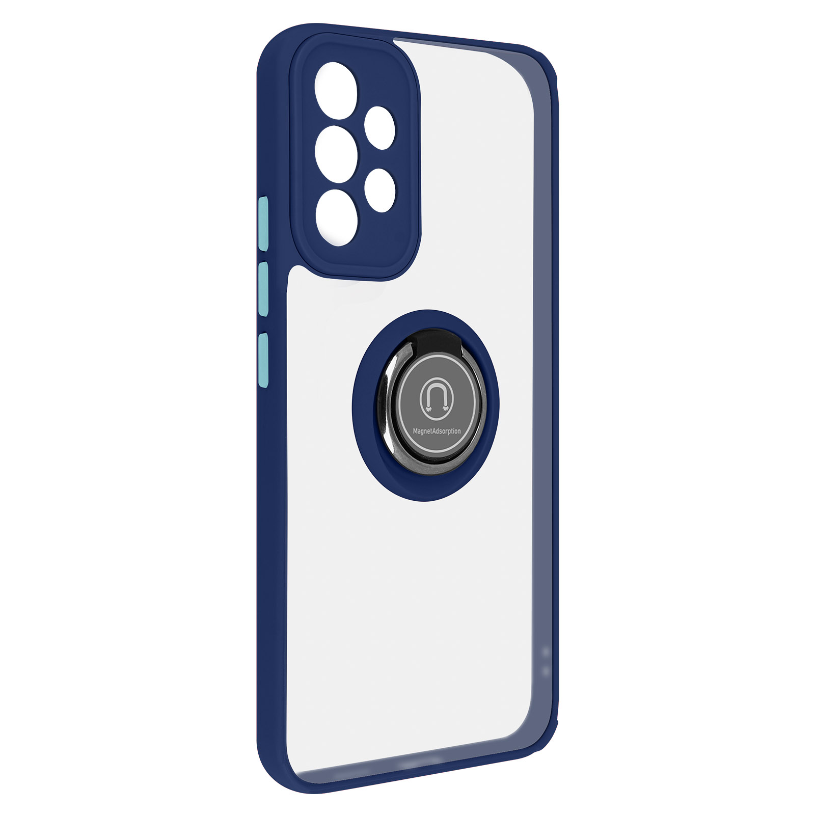 Blauwe en transparante telefoonhoes met een zilveren ringhouder en meerdere camera-uitsparingen.