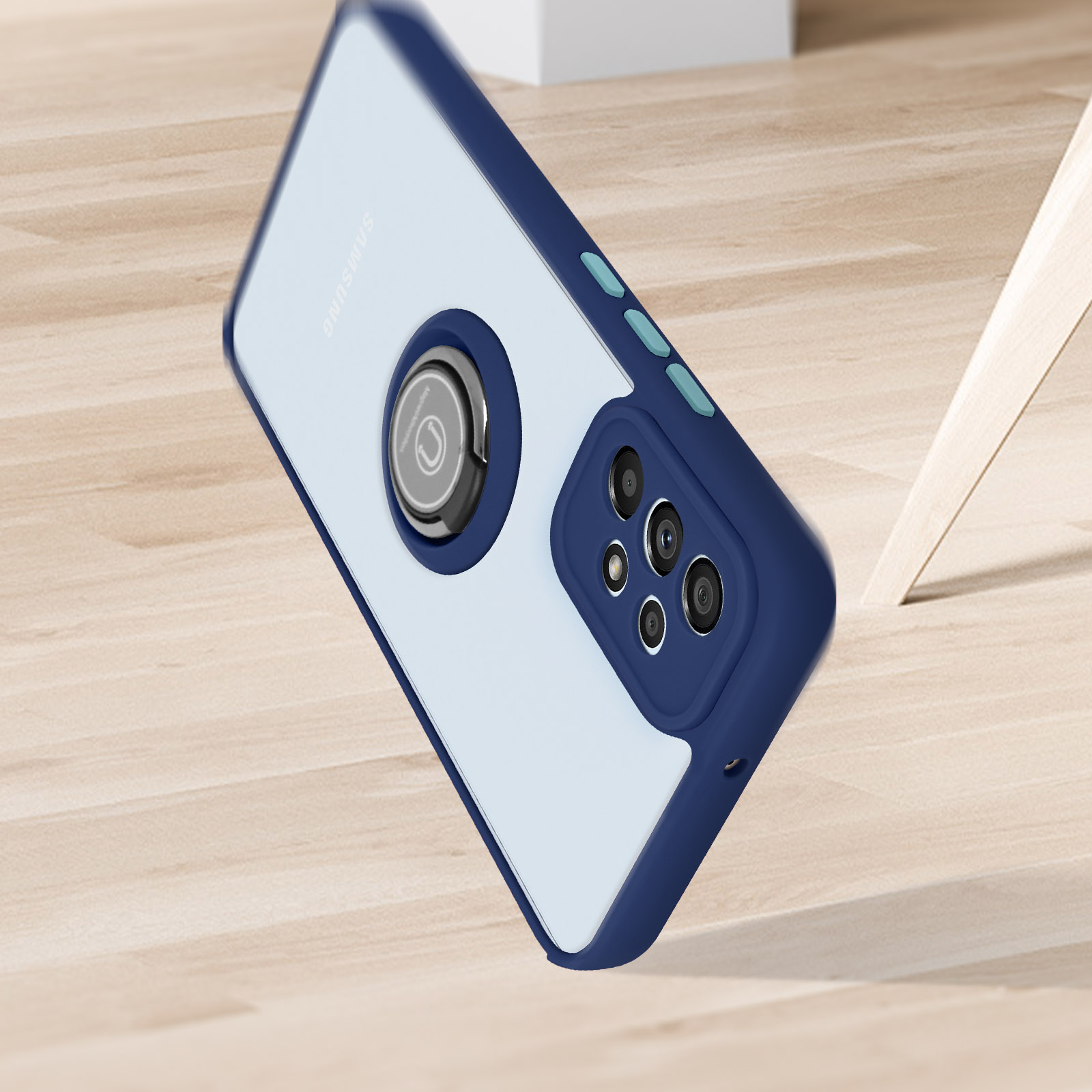 Blauwe en witte telefoonhoes met een ringhouder. De cameralenzen zijn zichtbaar.