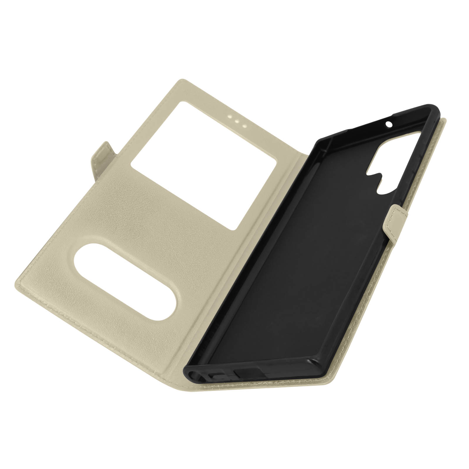 Coque de téléphone ouverte avec extérieur beige et intérieur noir.