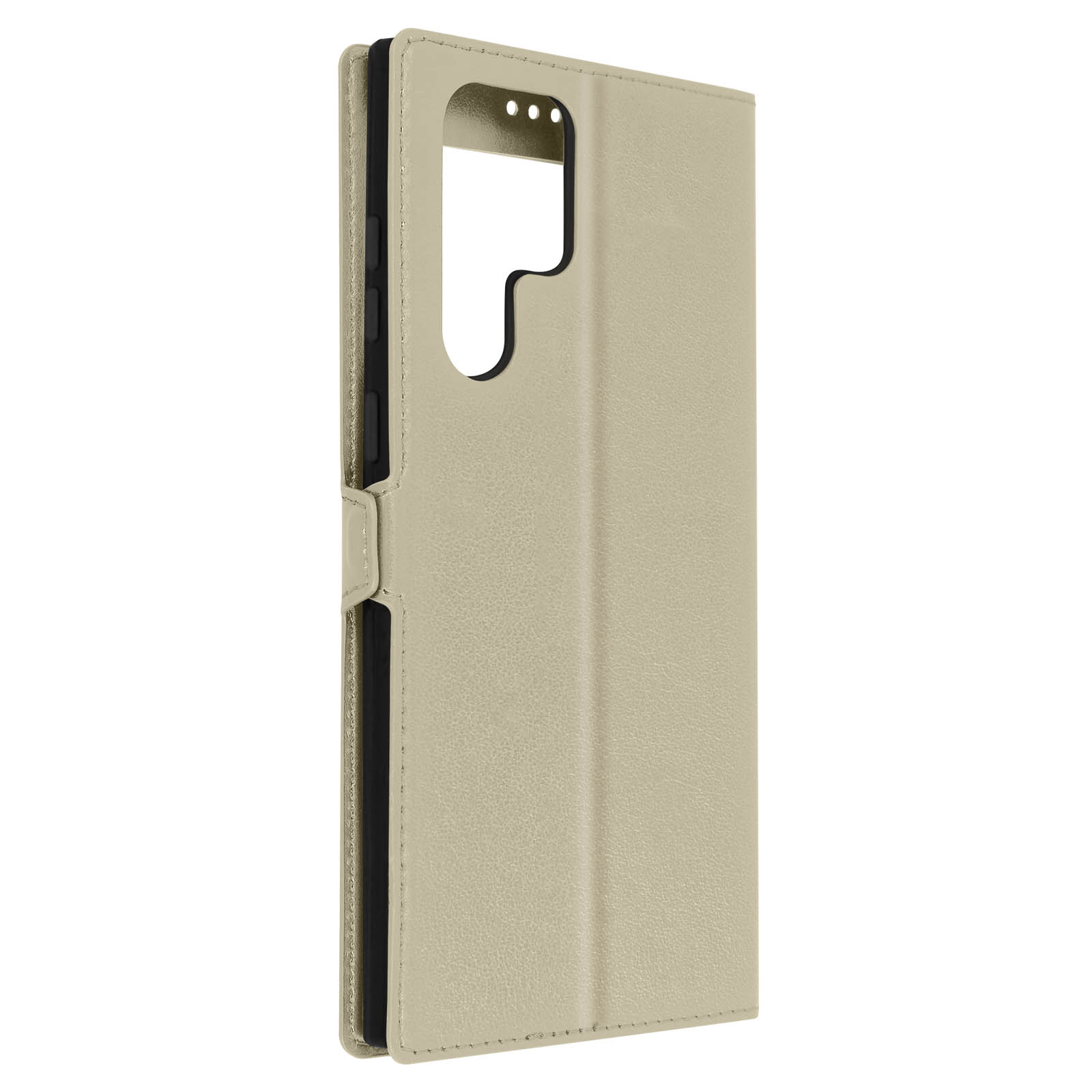 Gros plan sur un étui de téléphone beige en position ouverte. L'étui est fait d'un matériau texturé.