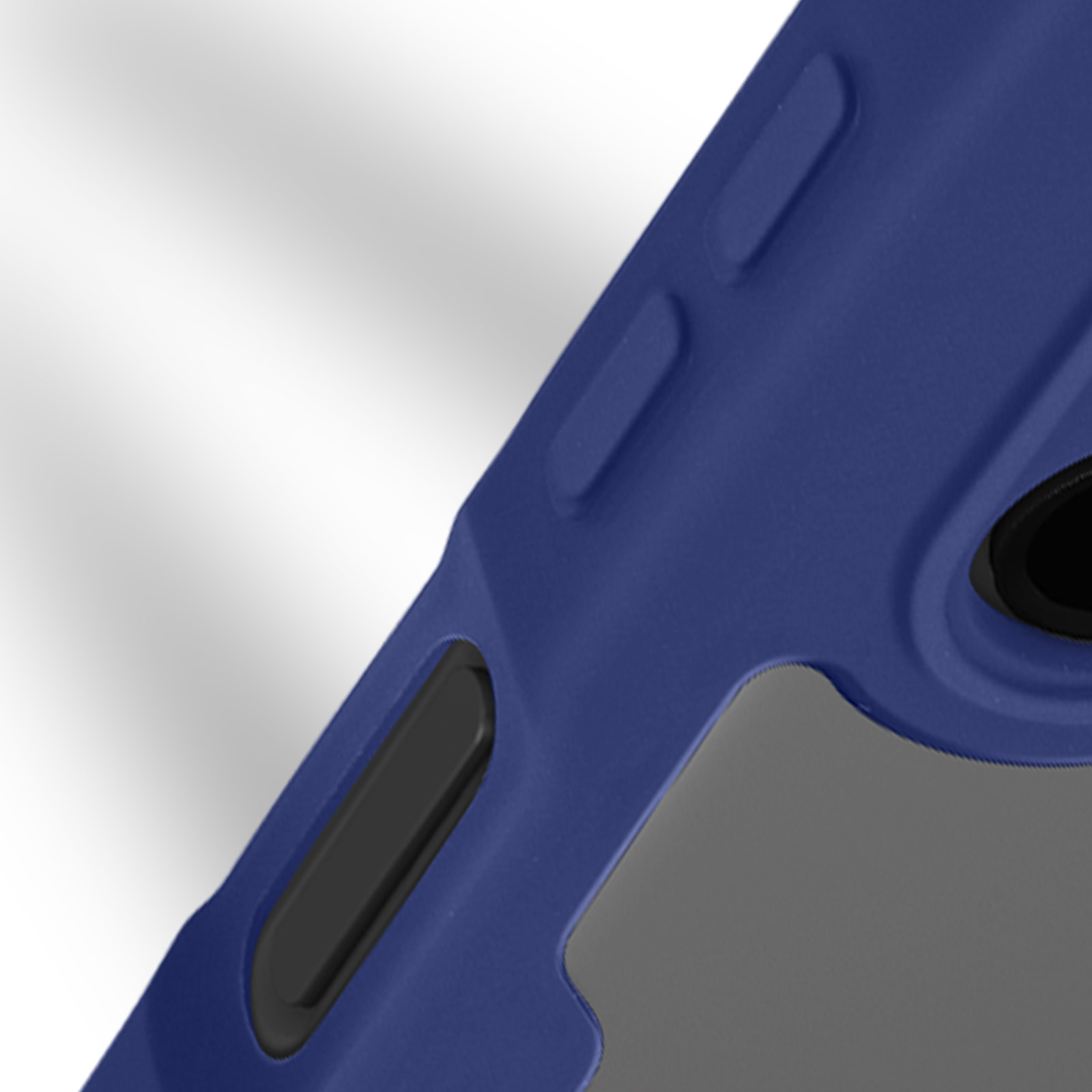 Close-up van een blauw en grijze telefoonhoes. De hoes is van hard plastic.
