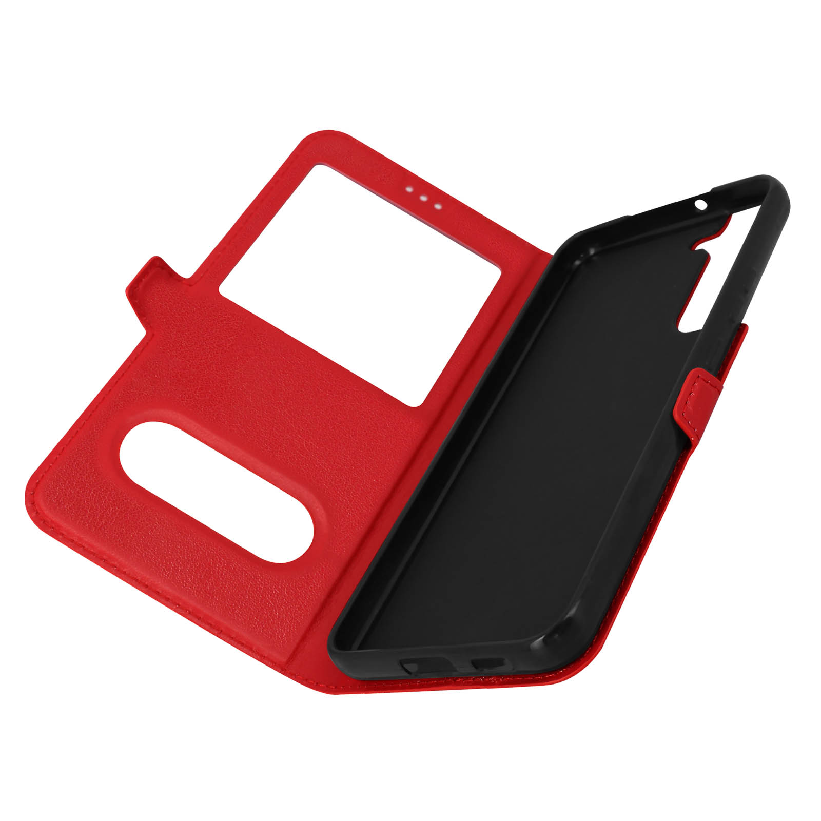 Étui de téléphone rouge, ouvert, montrant un téléphone noir. L'étui a une découpe fenêtre.