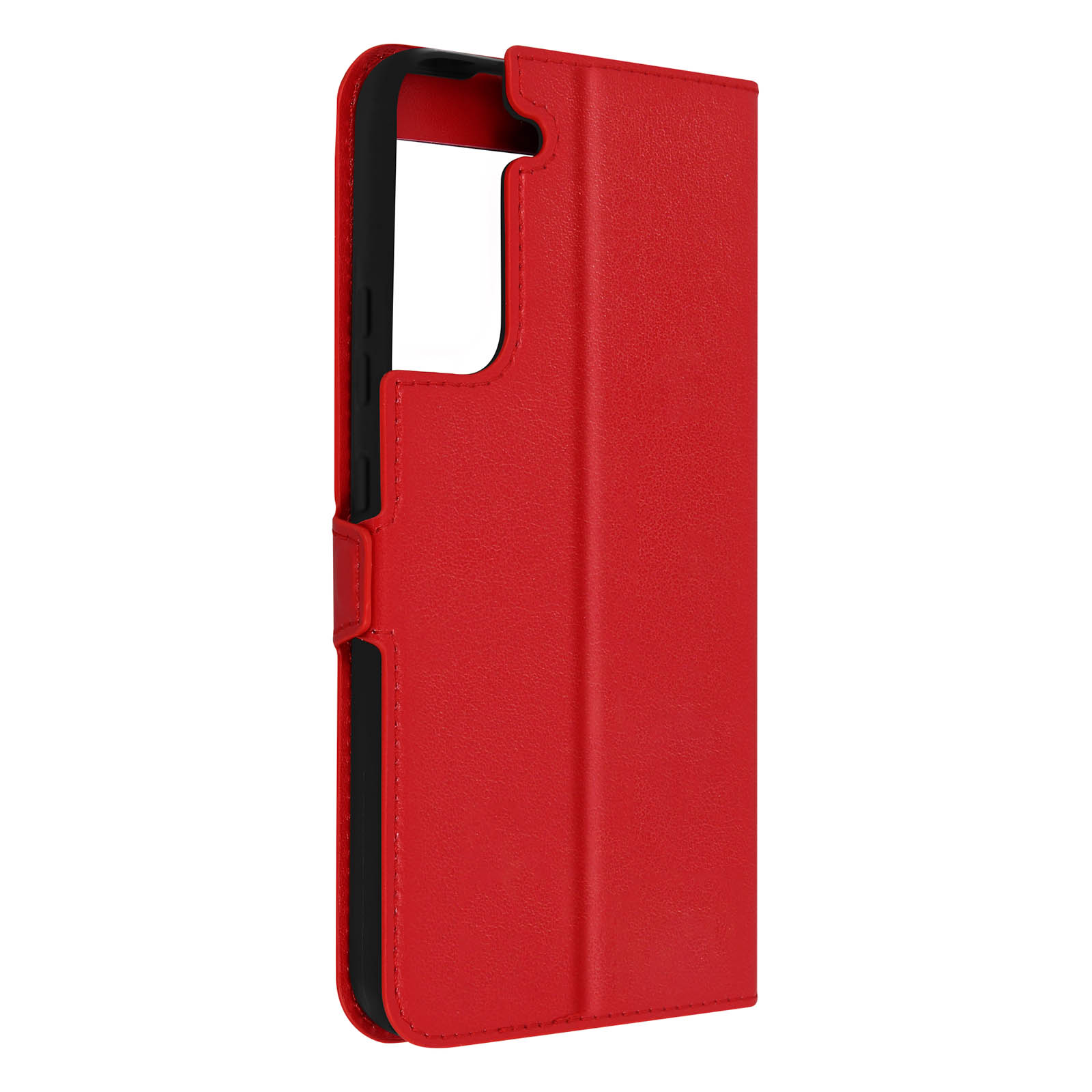 Un étui de téléphone rouge avec intérieur noir. L'étui est ouvert et debout.