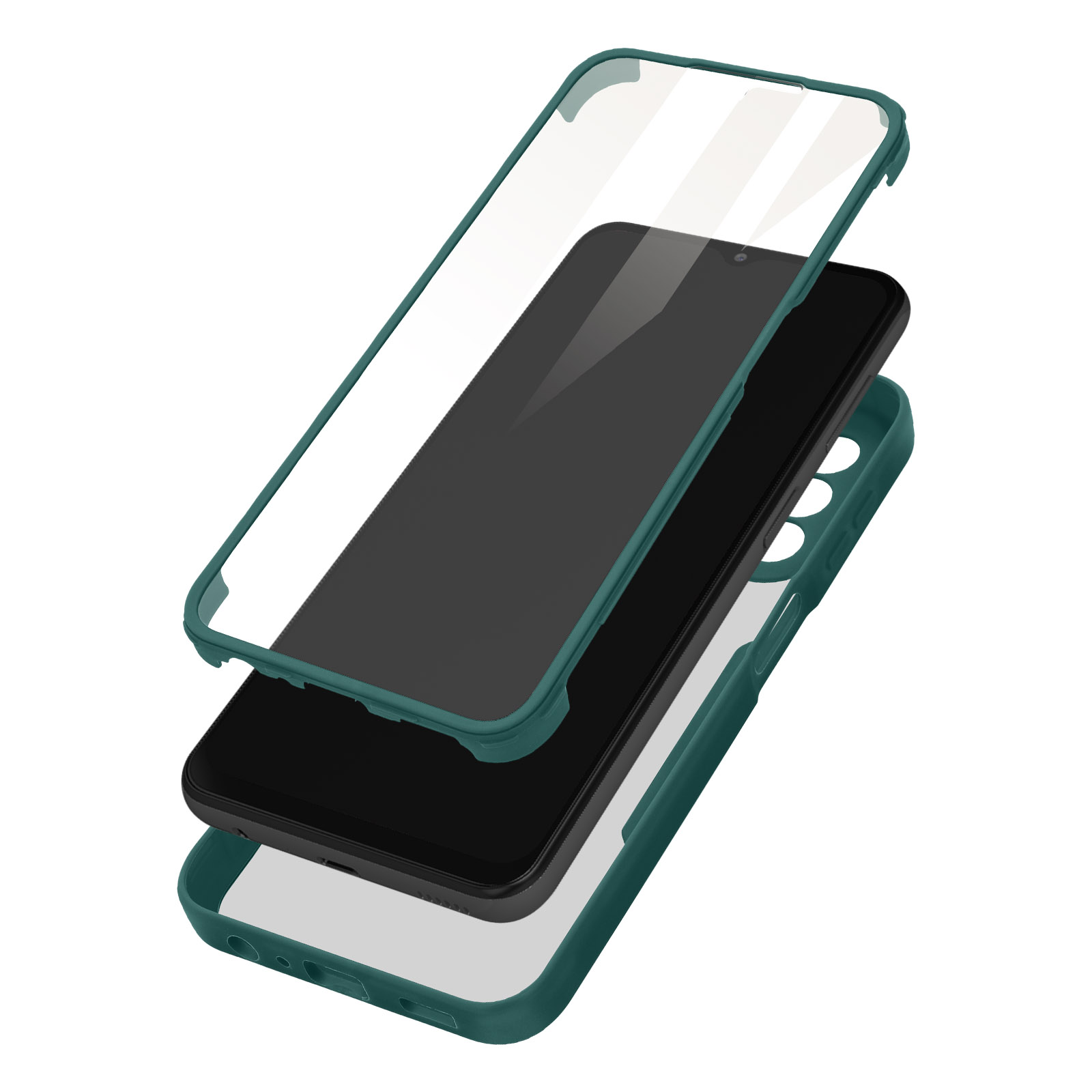Blauwe telefoonhoes en schermbeschermer op een witte achtergrond, telefoon ertussen.
