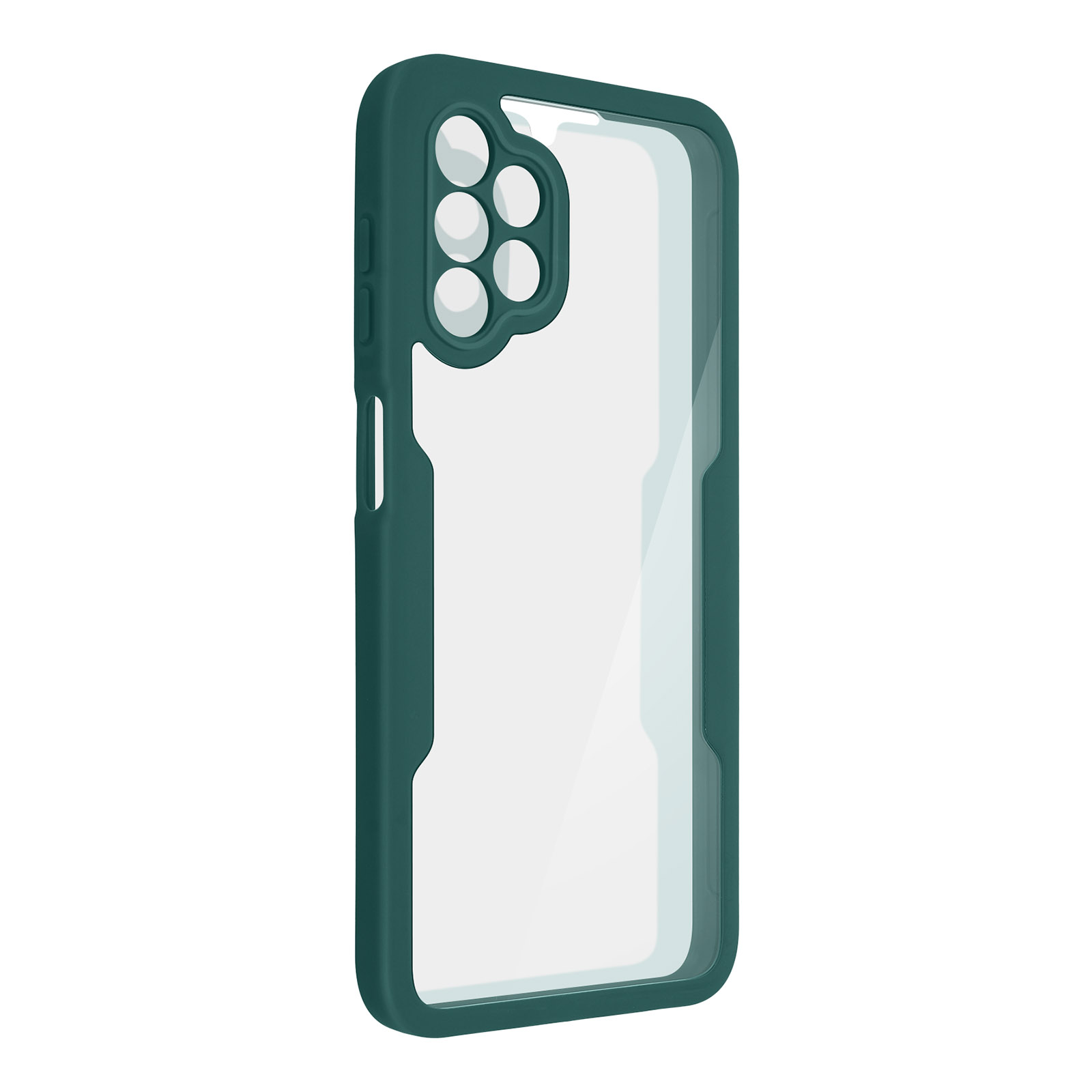 Groene telefoonhoes met een doorzichtige achterkant, die de camera van de telefoon laat zien. De hoes heeft afgeronde randen.