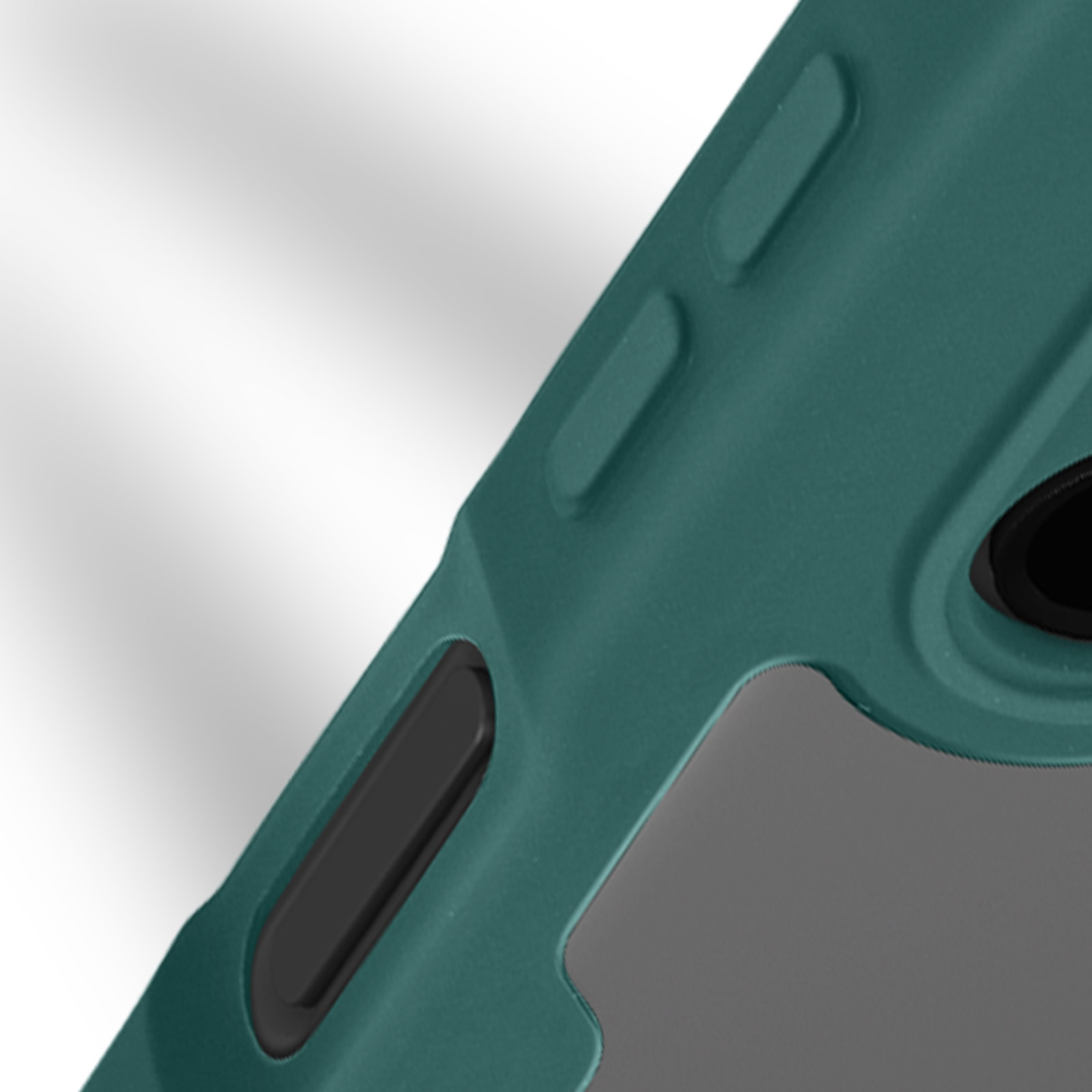 Close-up van een telefoonhoesje. Groene en grijze kleuren zijn zichtbaar.