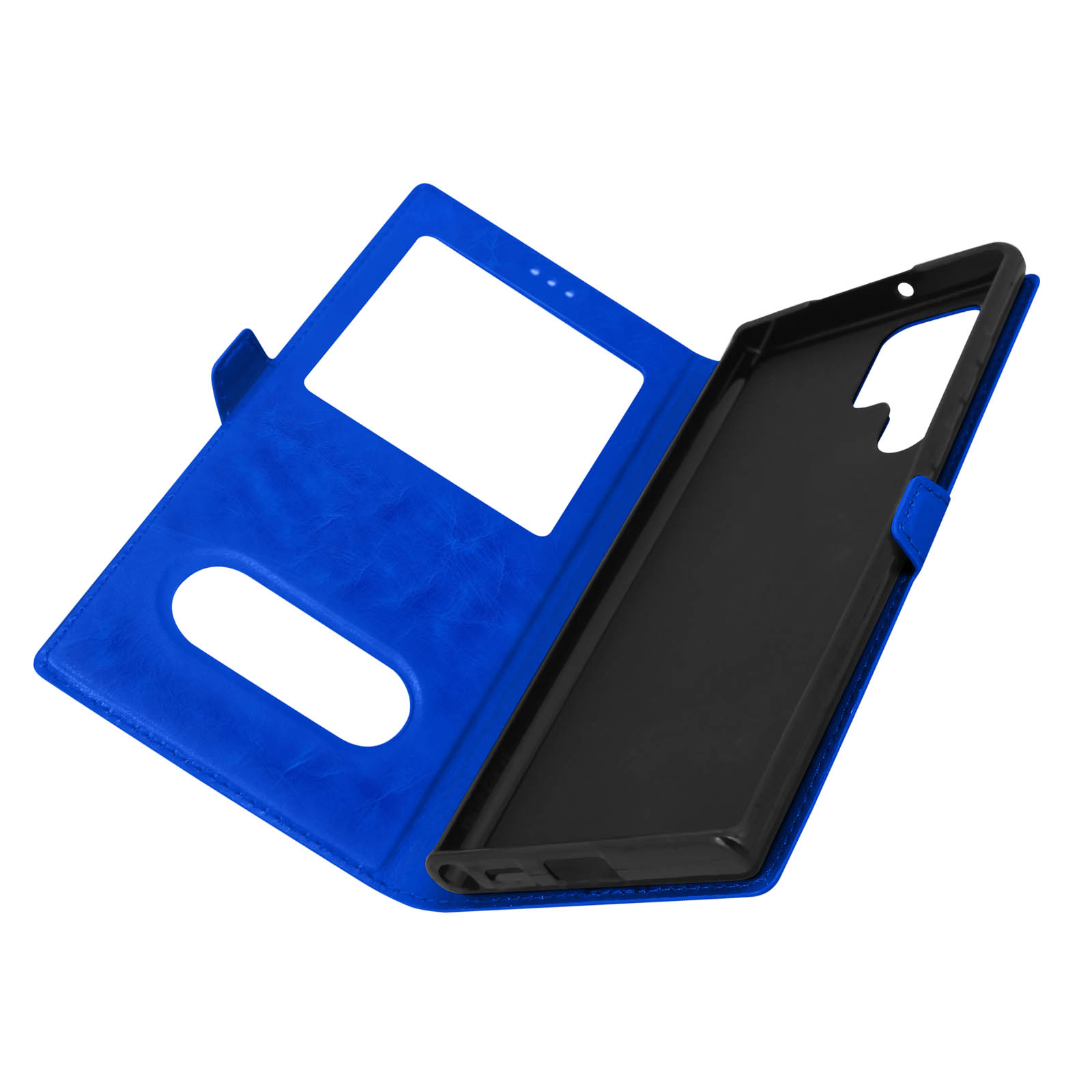 Étui de téléphone bleu ouvert avec une fenêtre et un intérieur noir.