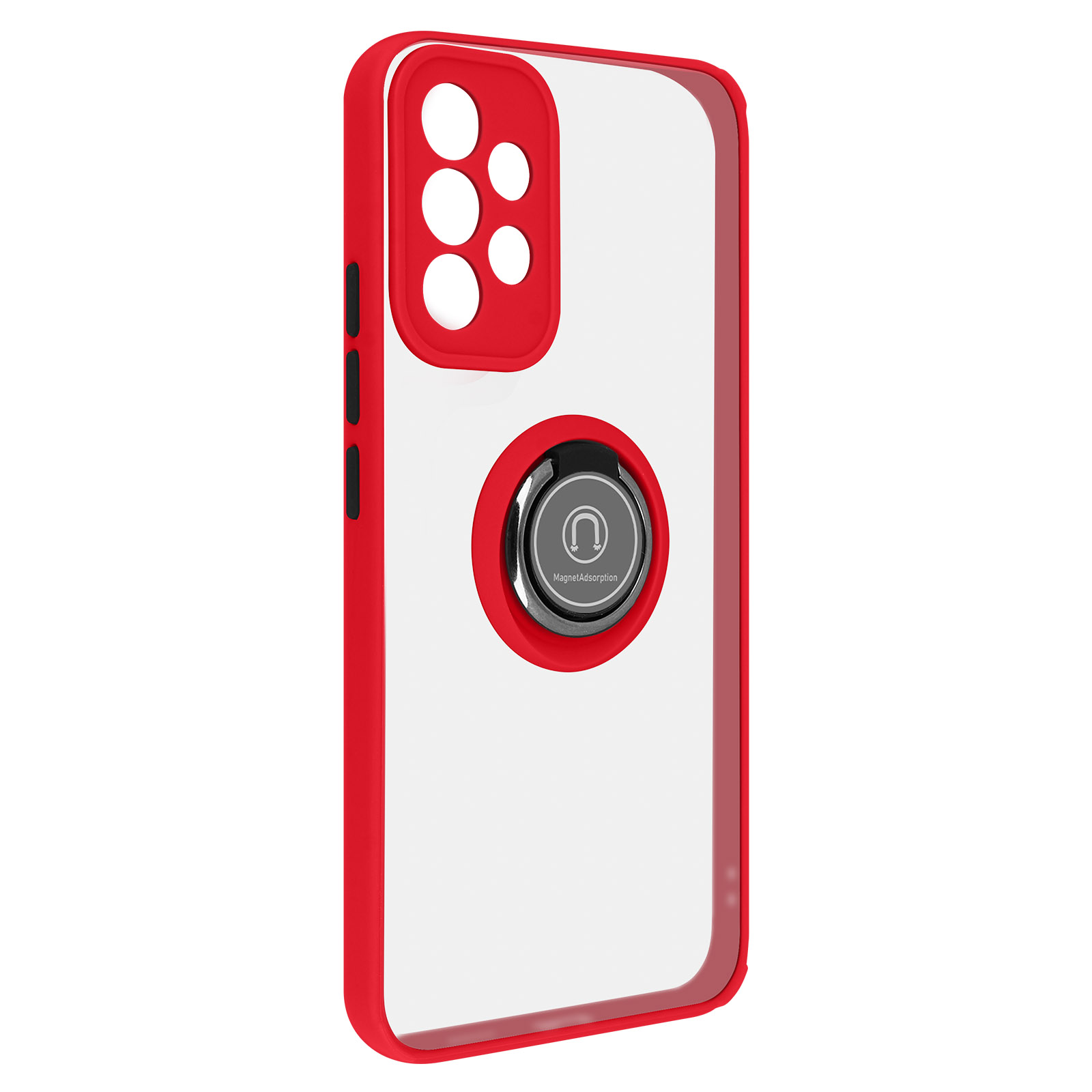 Rode telefoonhoes met ringhouder en een doorzichtige achterkant.