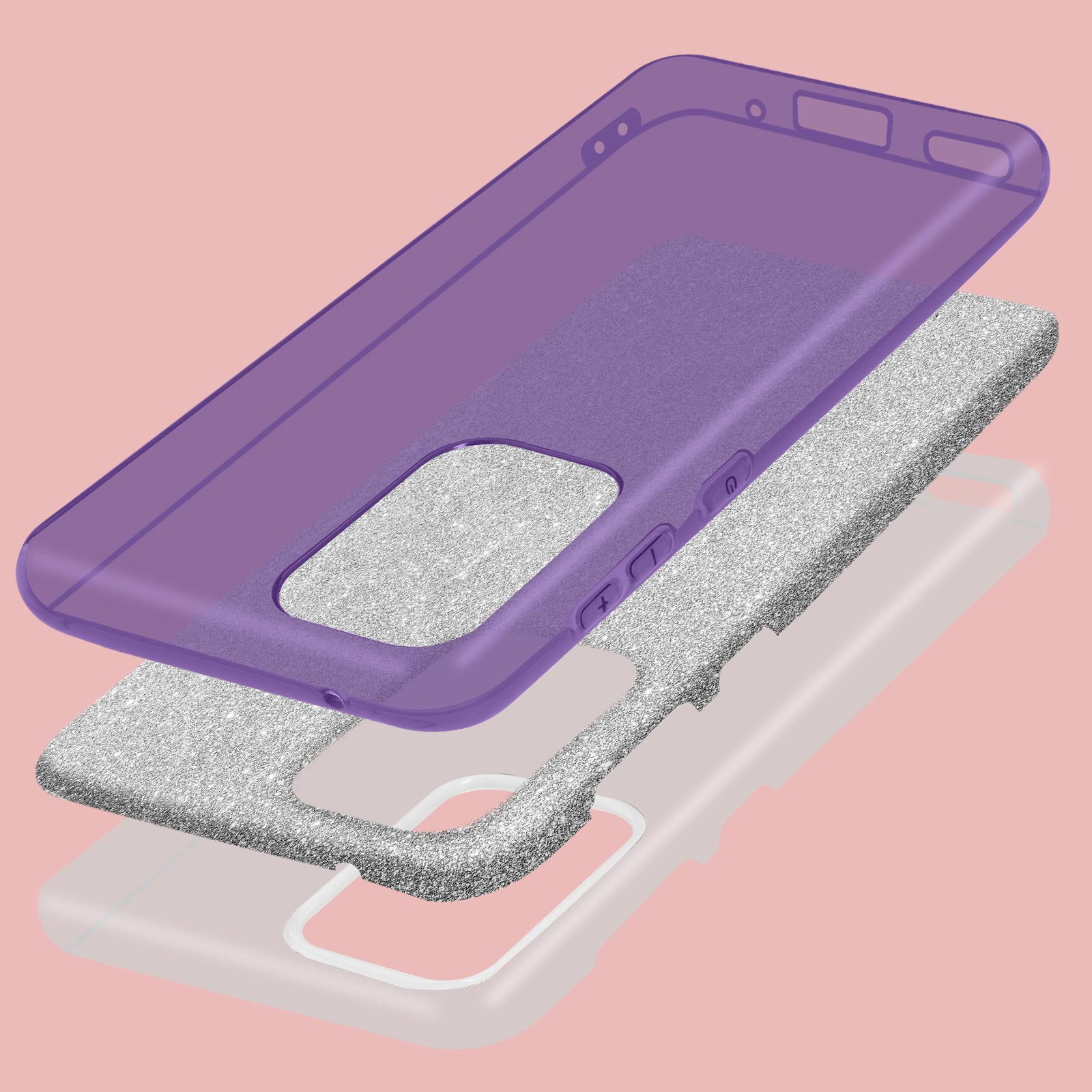 Paarse telefoonhoes componenten gelaagd op een roze achtergrond.