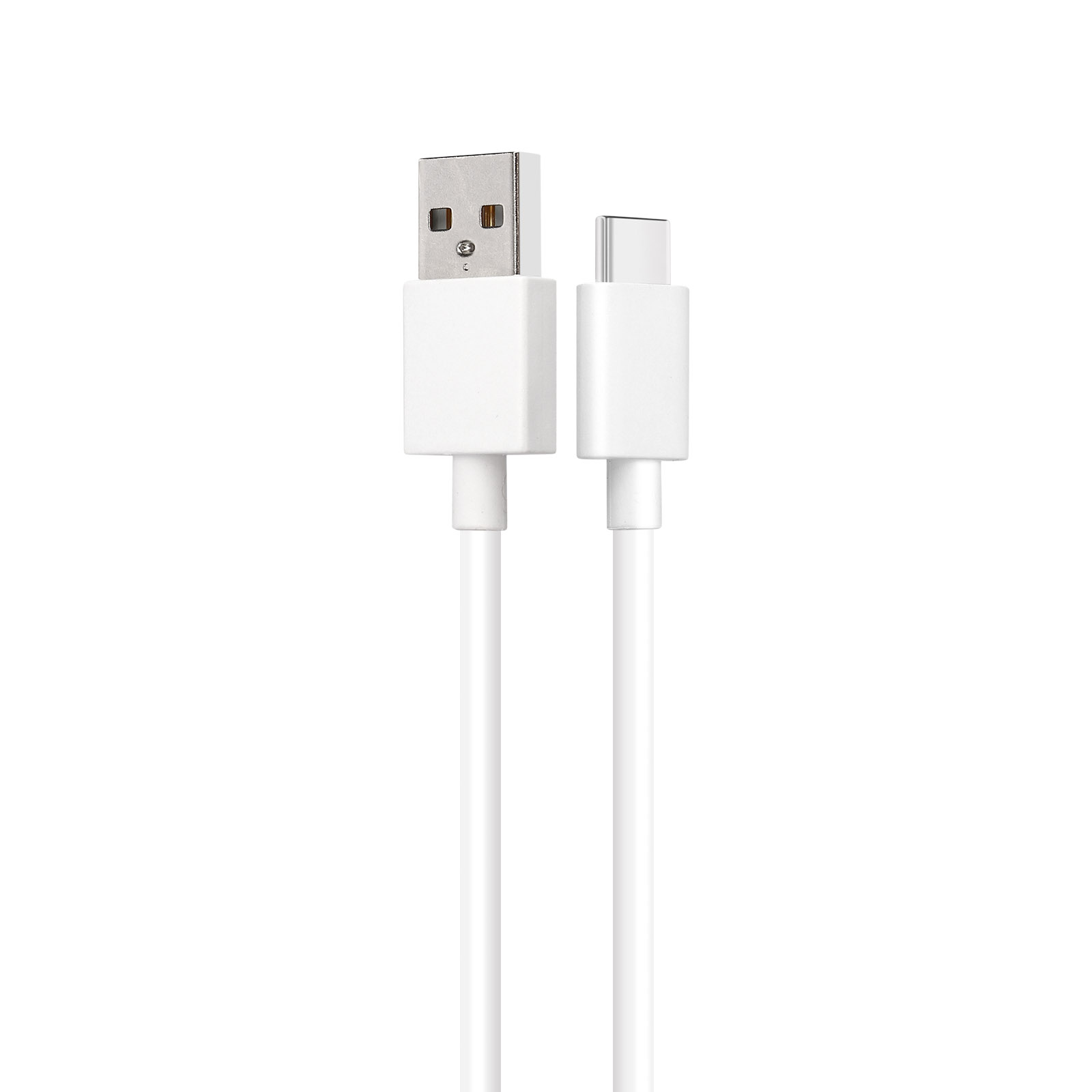 Cable de carga USB a USB-C blanco, aislado sobre blanco.