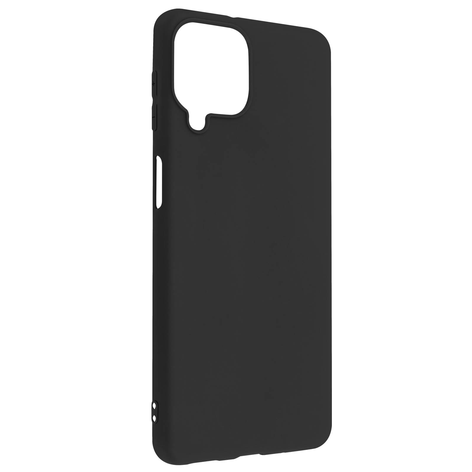 Custodia per telefono nera con ritaglio per la fotocamera. La custodia è semplice.