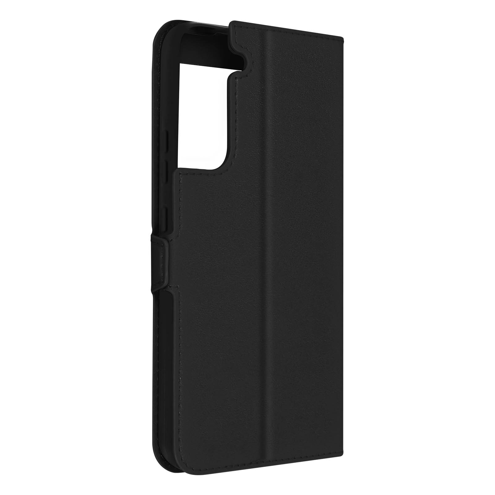 Zwarte telefoonhoes, gesloten. De hoes is getextureerd, met uitsparingen voor knoppen.