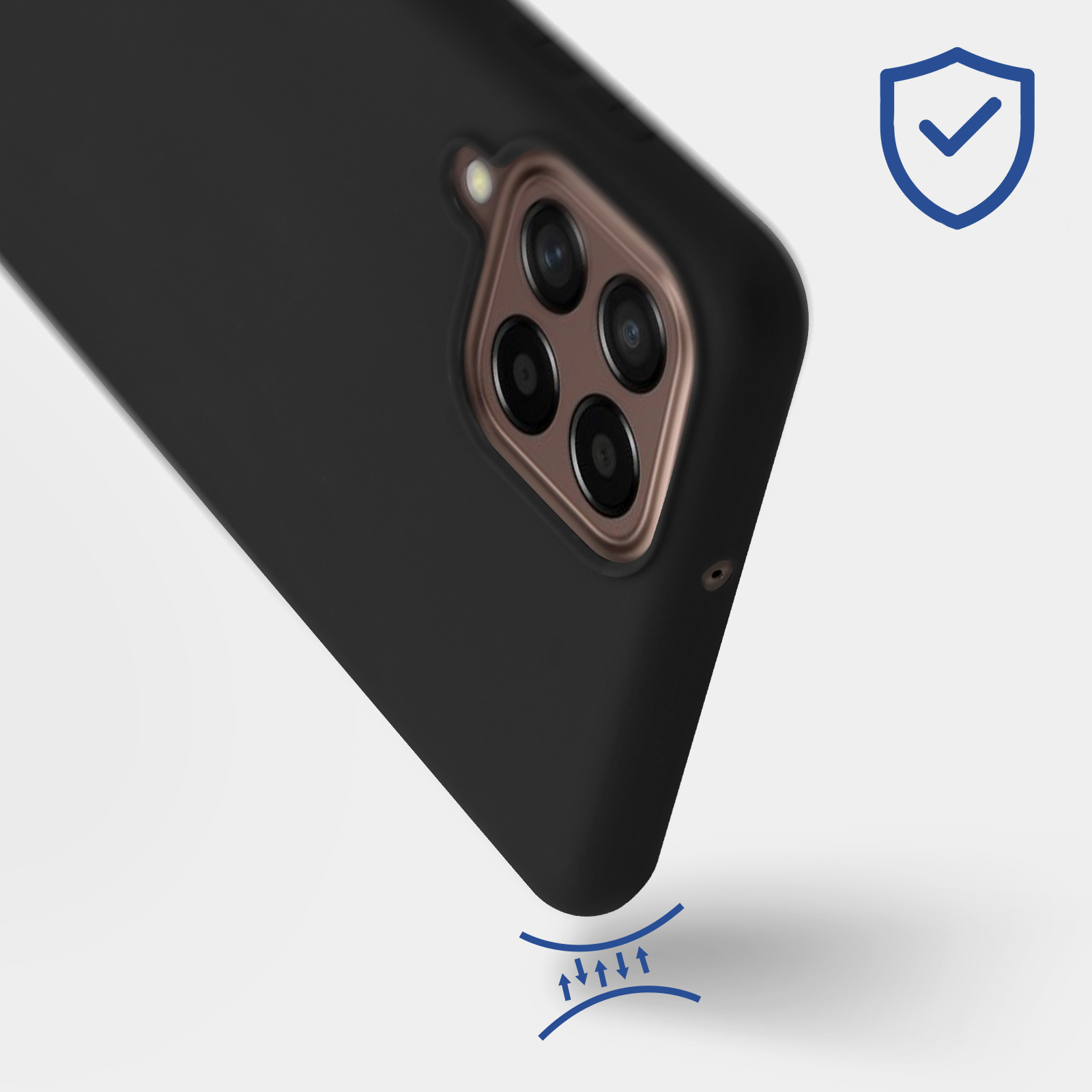 Custodia nera con design di protezione della fotocamera e freccia di impatto.
