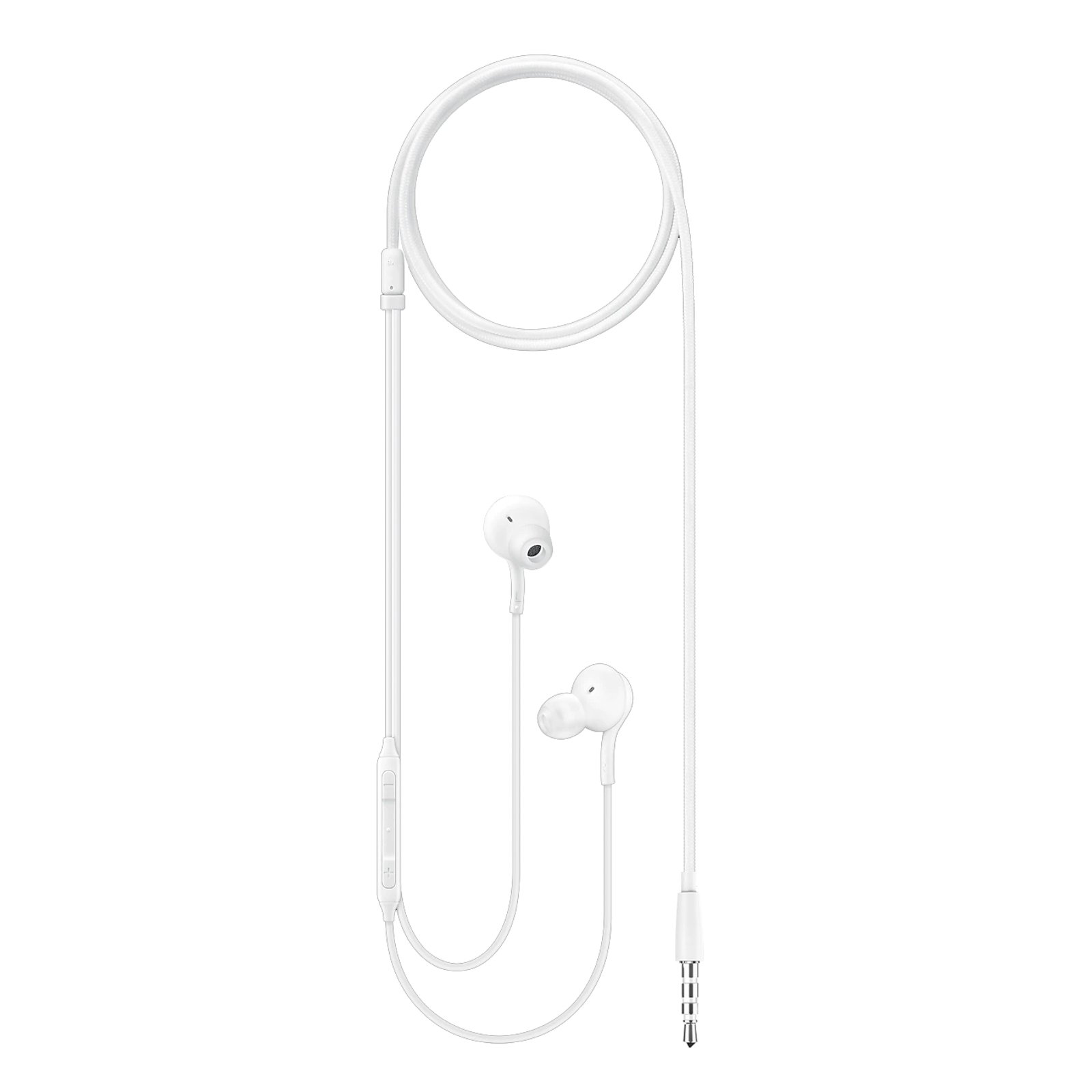 Auriculares blancos con cable blanco y conector de 3,5 mm.