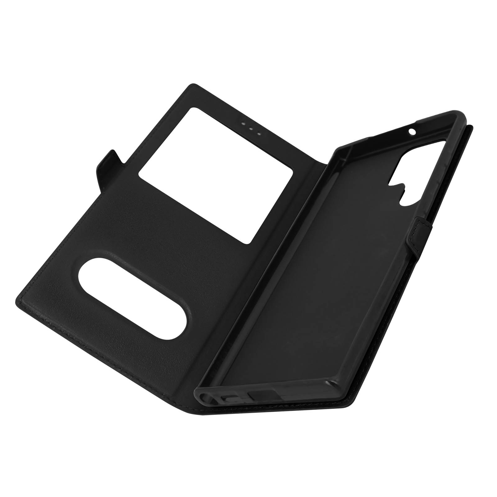 Coque de téléphone noire, ouverte, avec fenêtre et téléphone à l'intérieur.