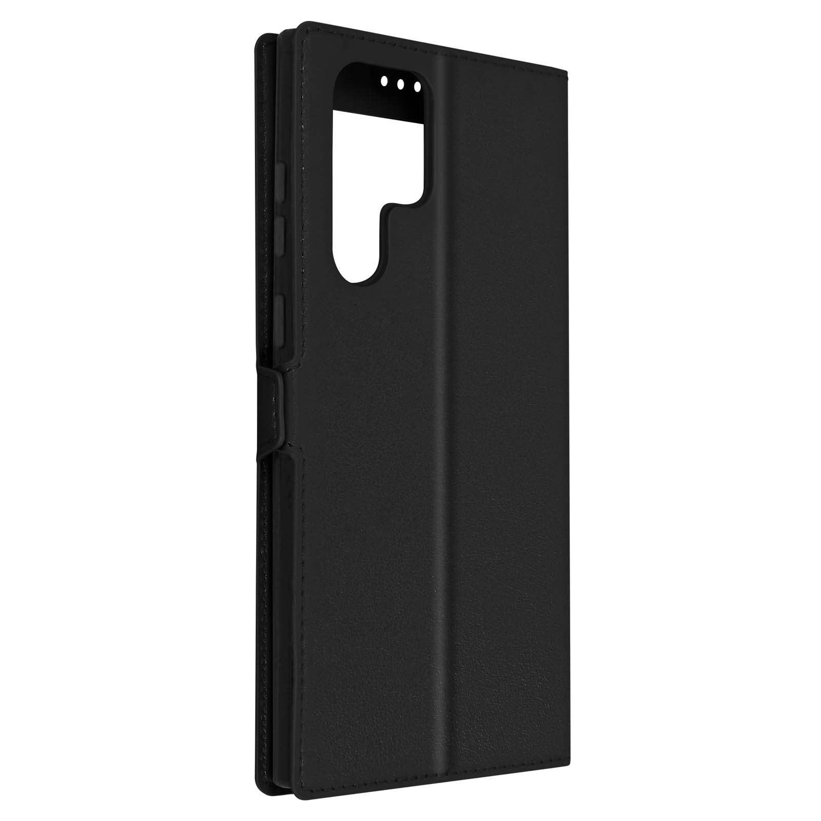 Un étui de téléphone noir, ouvert, avec une découpe pour l'appareil photo.