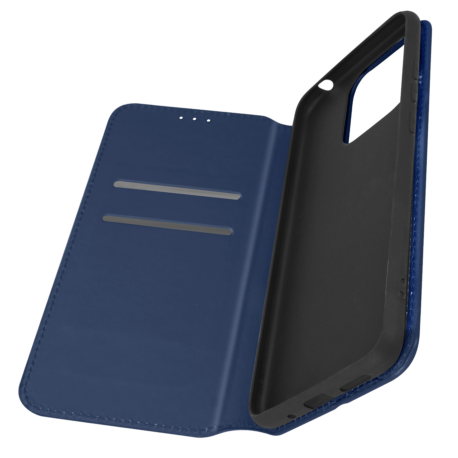 Coque de téléphone bleu foncé, ouverte. Téléphone à l'intérieur. Couverture avant avec fentes. Intérieur noir.