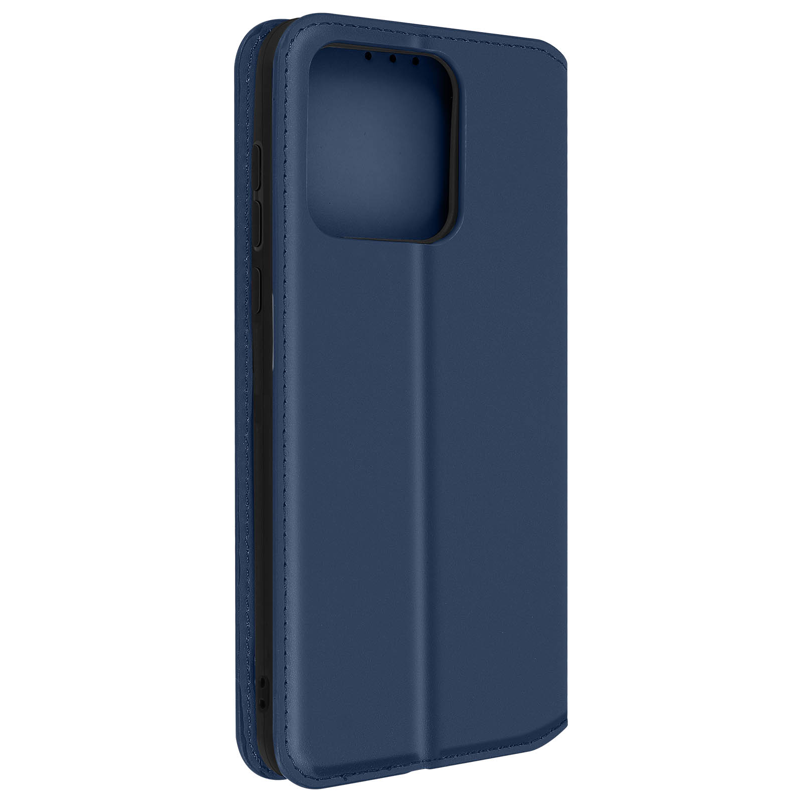 Un étui de téléphone bleu fermé. L'étui est fermé. Le fond est de couleur claire.