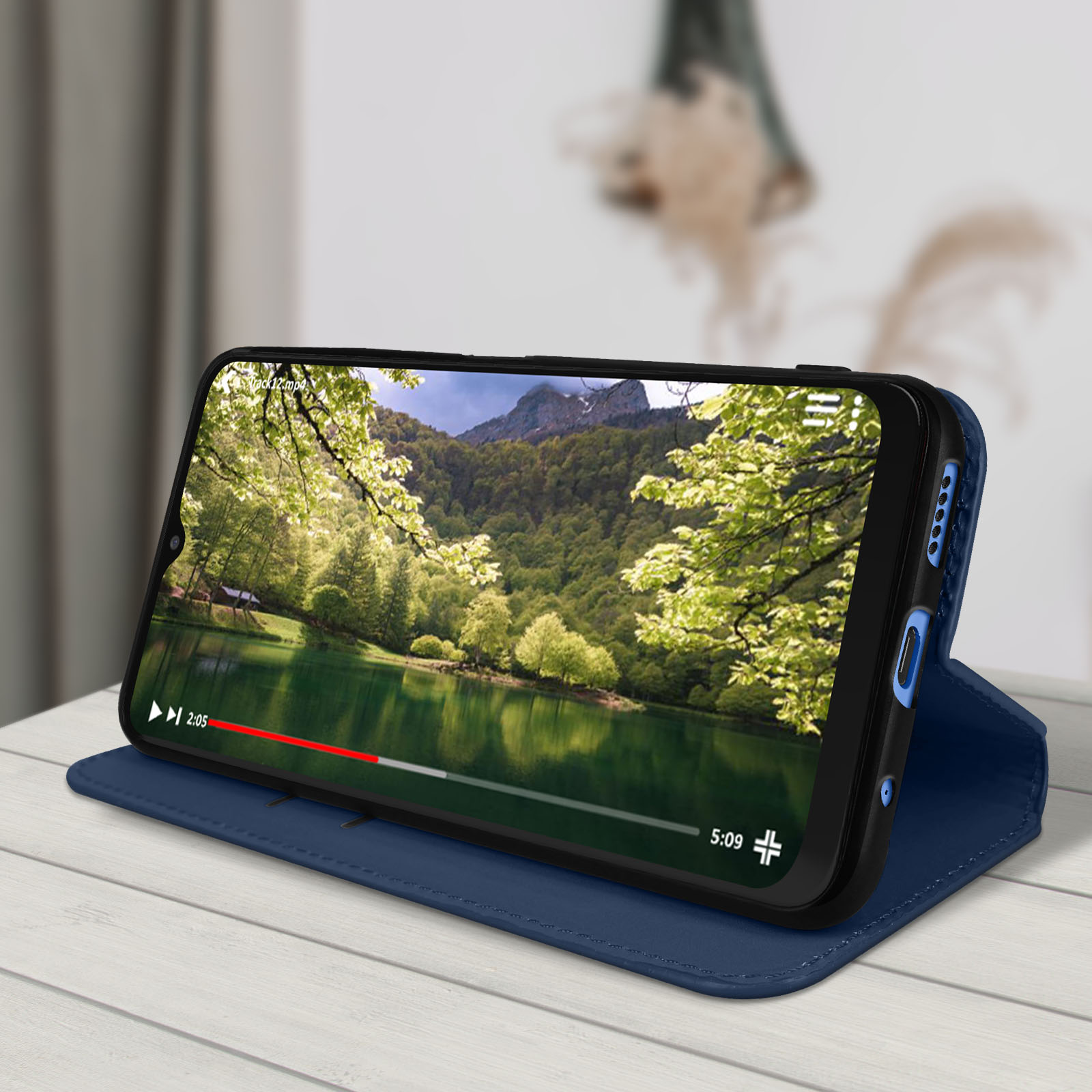 Un téléphone affichant une vidéo, posé sur un étui avec support. L'écran montre une forêt et un lac.