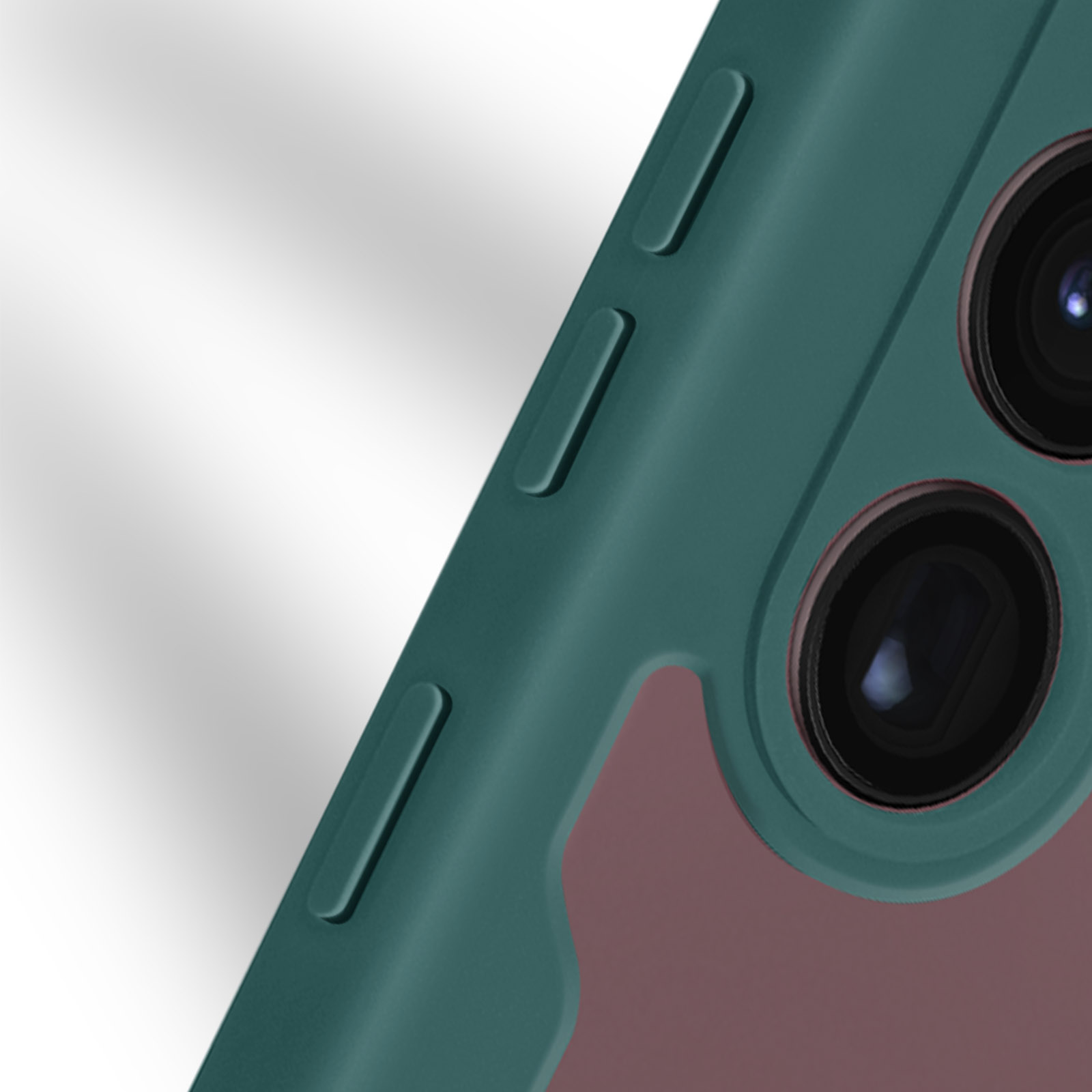 Primo piano di una custodia per telefono, verde e marrone, con fotocamera e pulsanti.