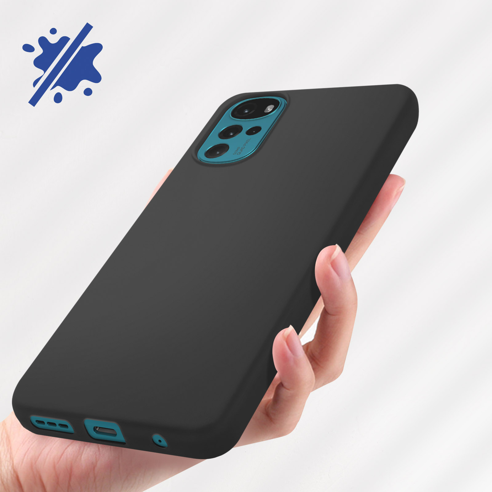 Una mano che tiene un telefono nero con una custodia nera. Un'icona blu di spruzzo sullo sfondo.