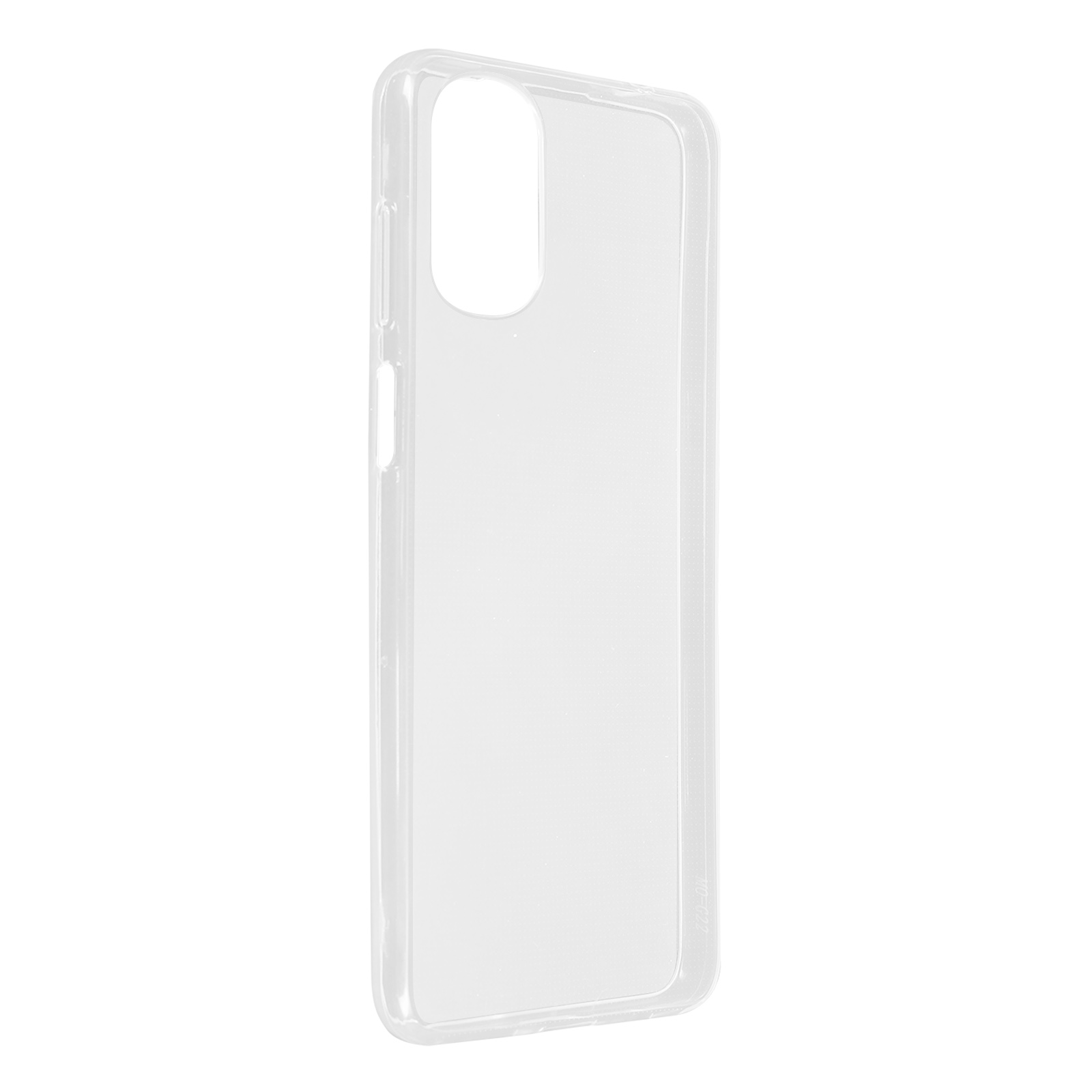 Una custodia trasparente per telefono con ritaglio per fotocamera, isolata su sfondo bianco.