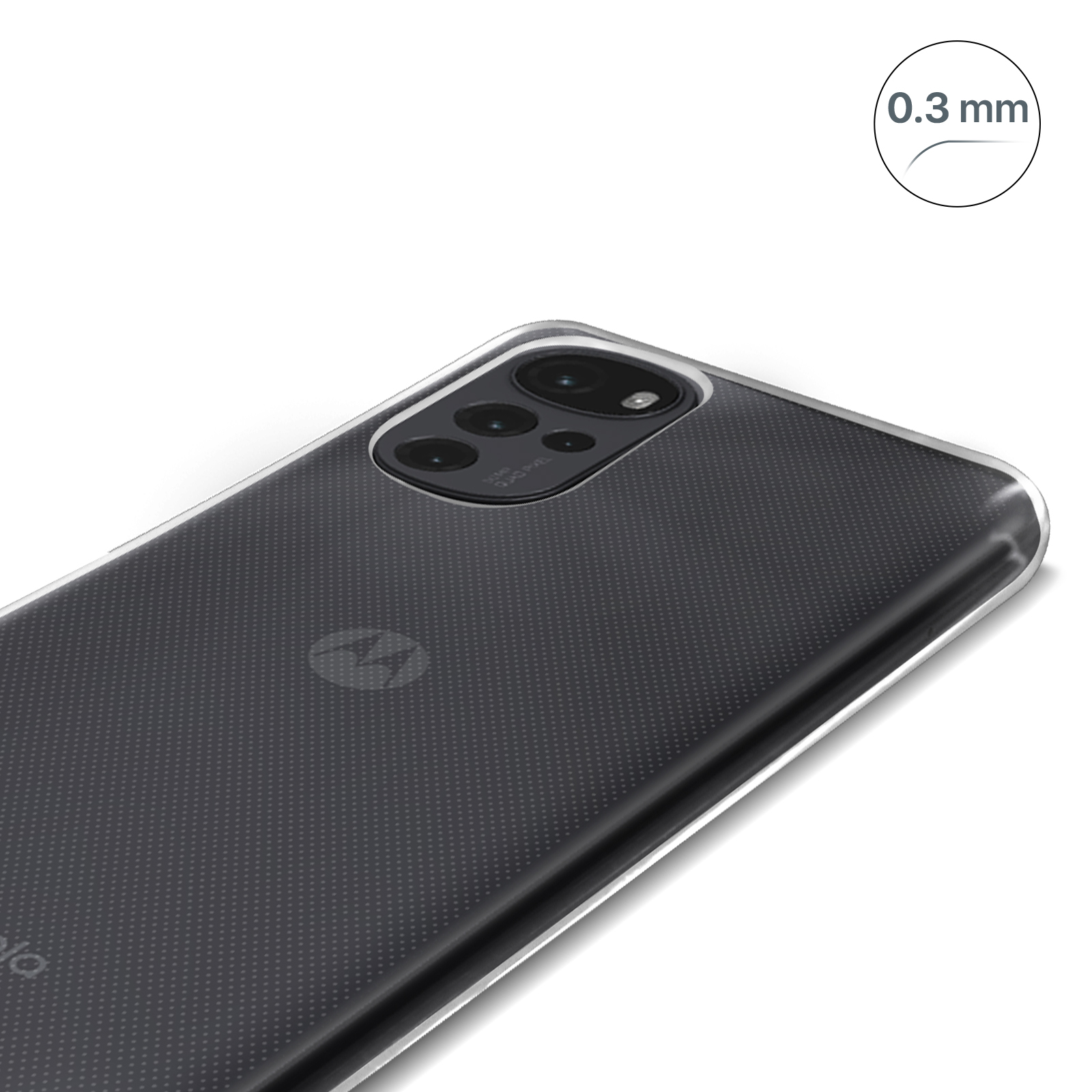 Custodia trasparente per telefono su un telefono. Il telefono ha una parte posteriore grigio scuro con fotocamera e logo.
