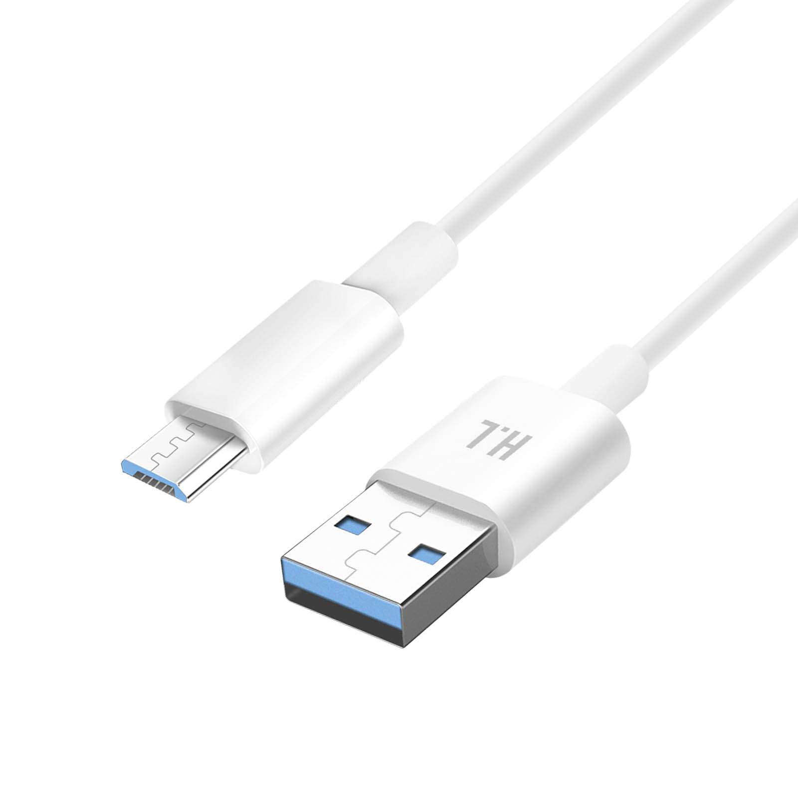 Cavo da USB a Micro USB bianco. Entrambe le estremità sono visibili. Il lato USB ha un inserto blu.