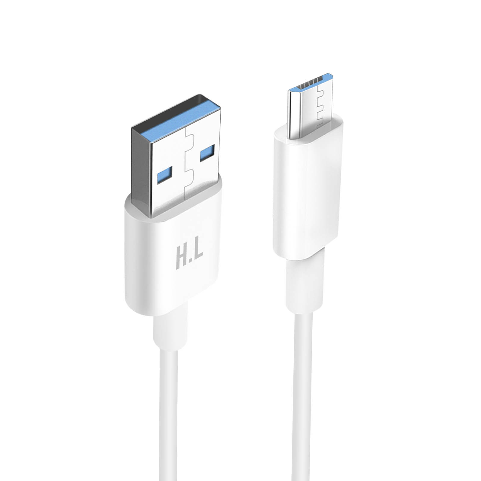 Un cavo da USB a micro USB bianco, con connettori ad entrambe le estremità.