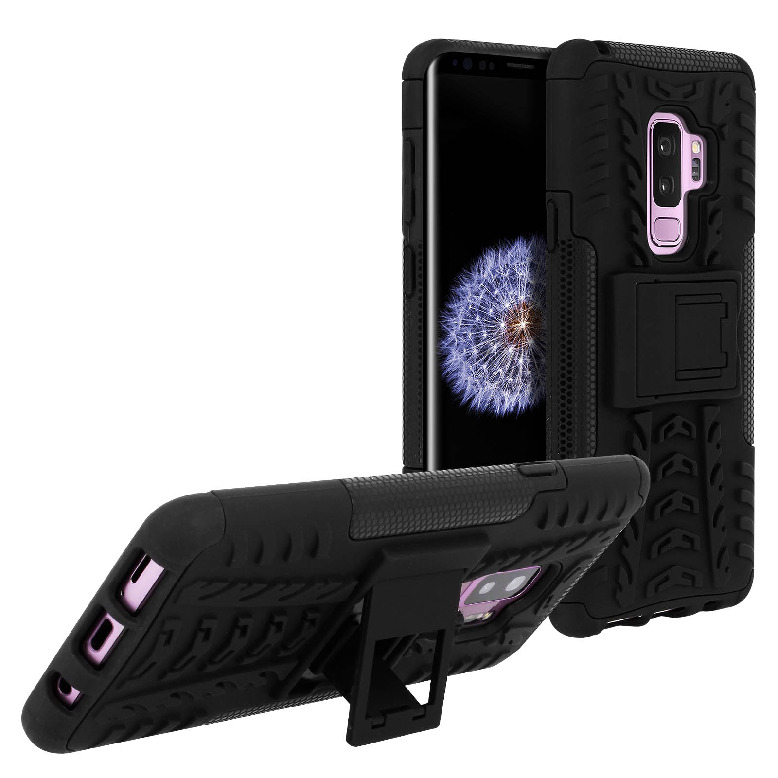 Custodia nera, design robusto, cavalletto, telefono con schermo viola.
