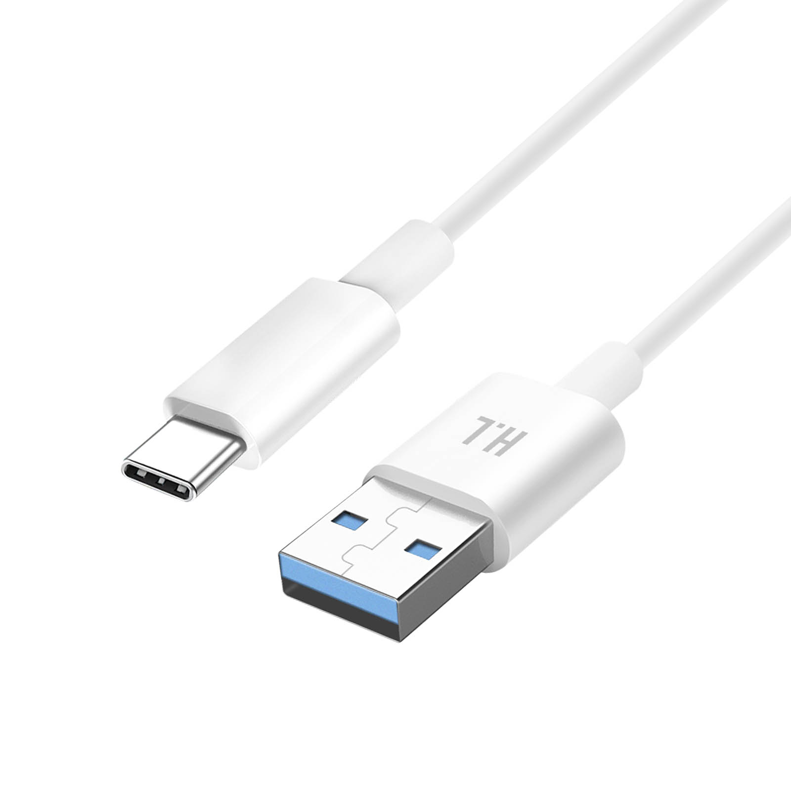 Cavo USB bianco con connettore USB-C e USB-A.
